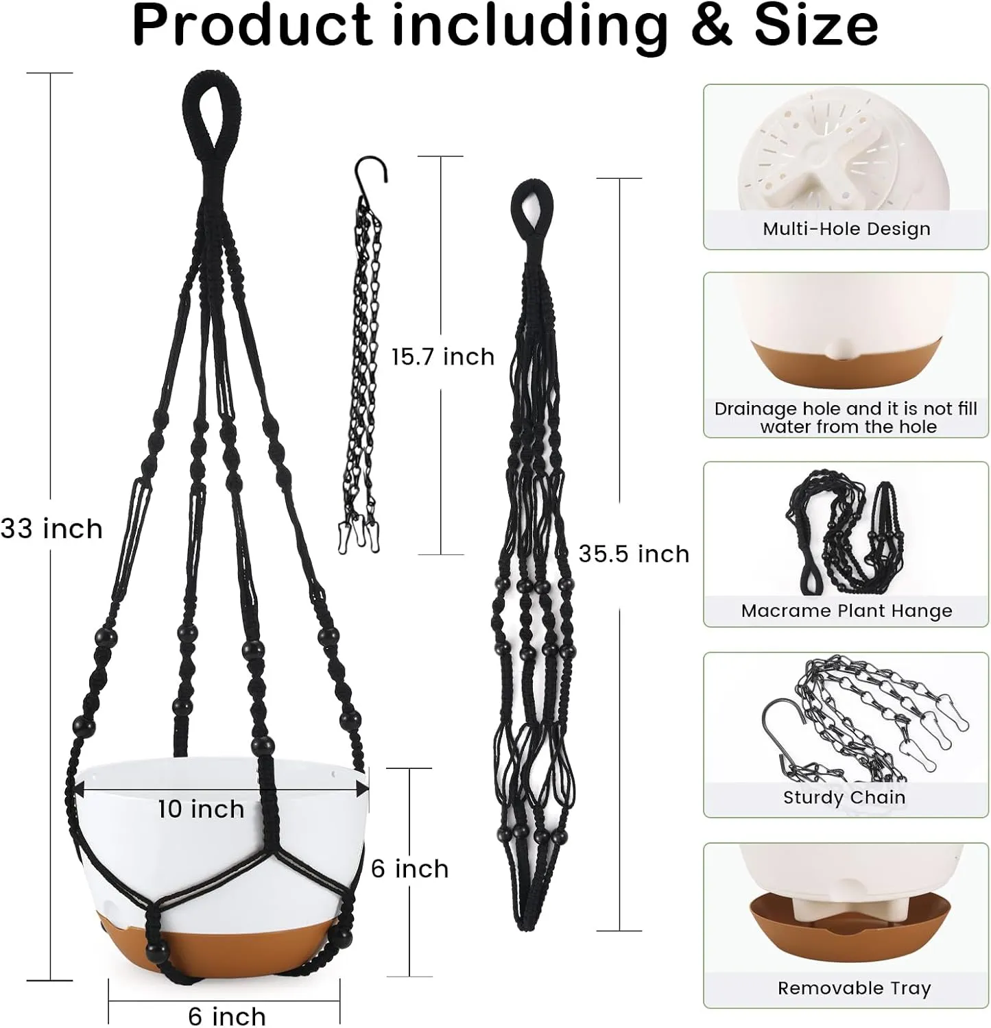 10 Inch Hanging Planter, 2 Pack Hanging Plant Self Watering Pot with Drainage Holes & Saucers, Hanging Baskets Flower Pots with Black Macrame Rope Hangers for Garden Home -White