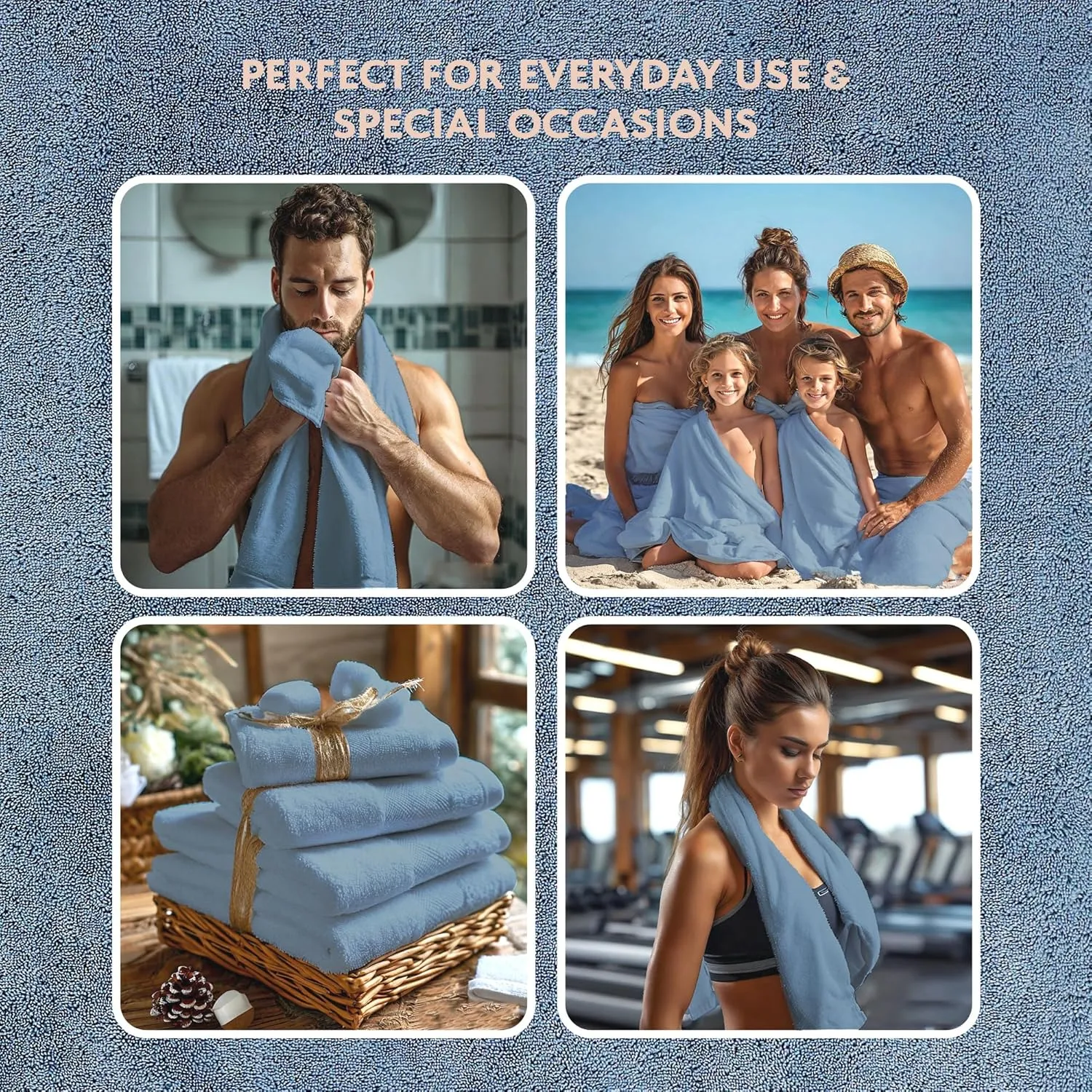 100% Turkish Cotton Bath Towels Set of 6 - Soft & Absorbent, 2 Bath Towels, 2 Hand Towels, 2 Washcloths, Quick Dry, Premium Bathroom Essentials (Indigo)