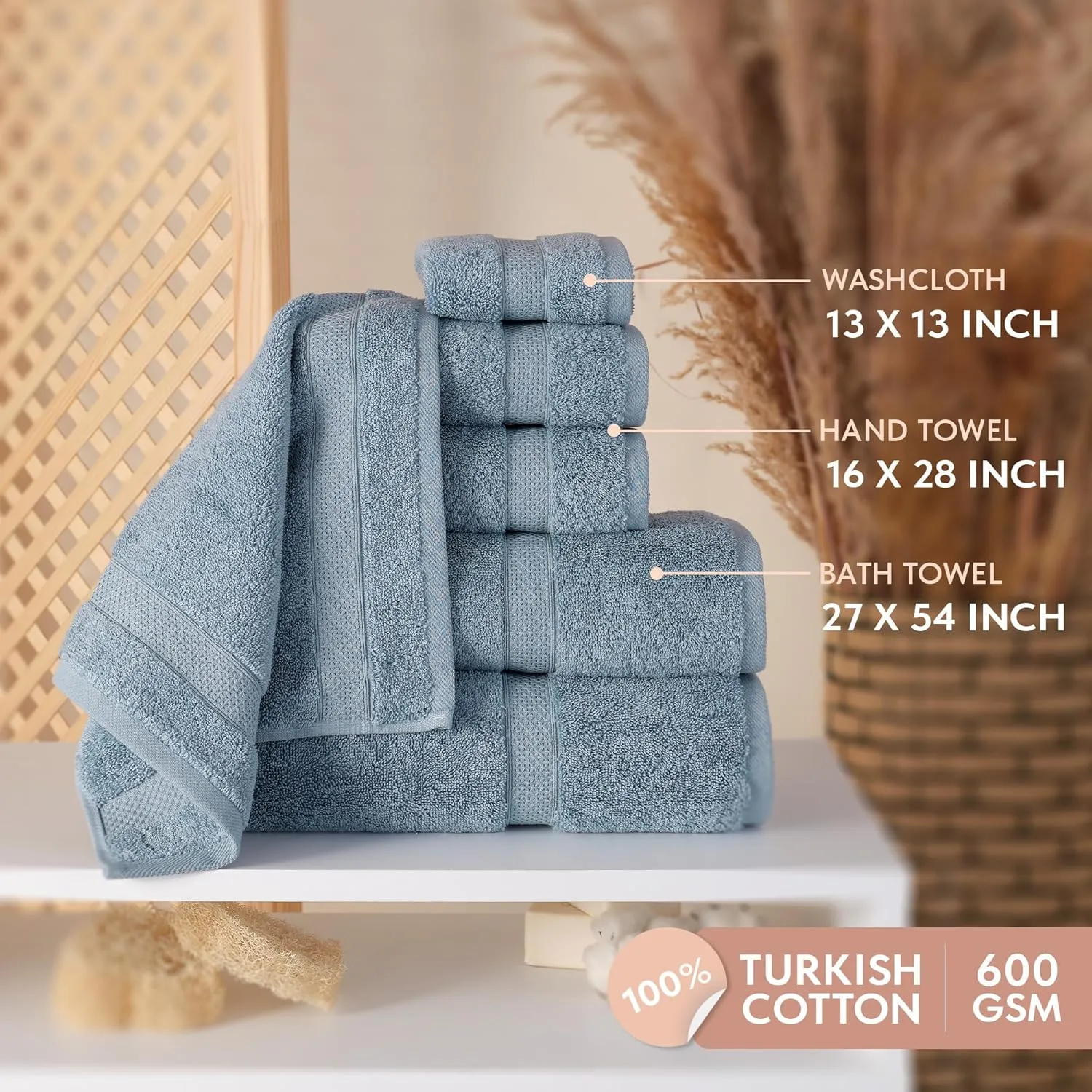 100% Turkish Cotton Bath Towels Set of 6 - Soft & Absorbent, 2 Bath Towels, 2 Hand Towels, 2 Washcloths, Quick Dry, Premium Bathroom Essentials (Indigo)