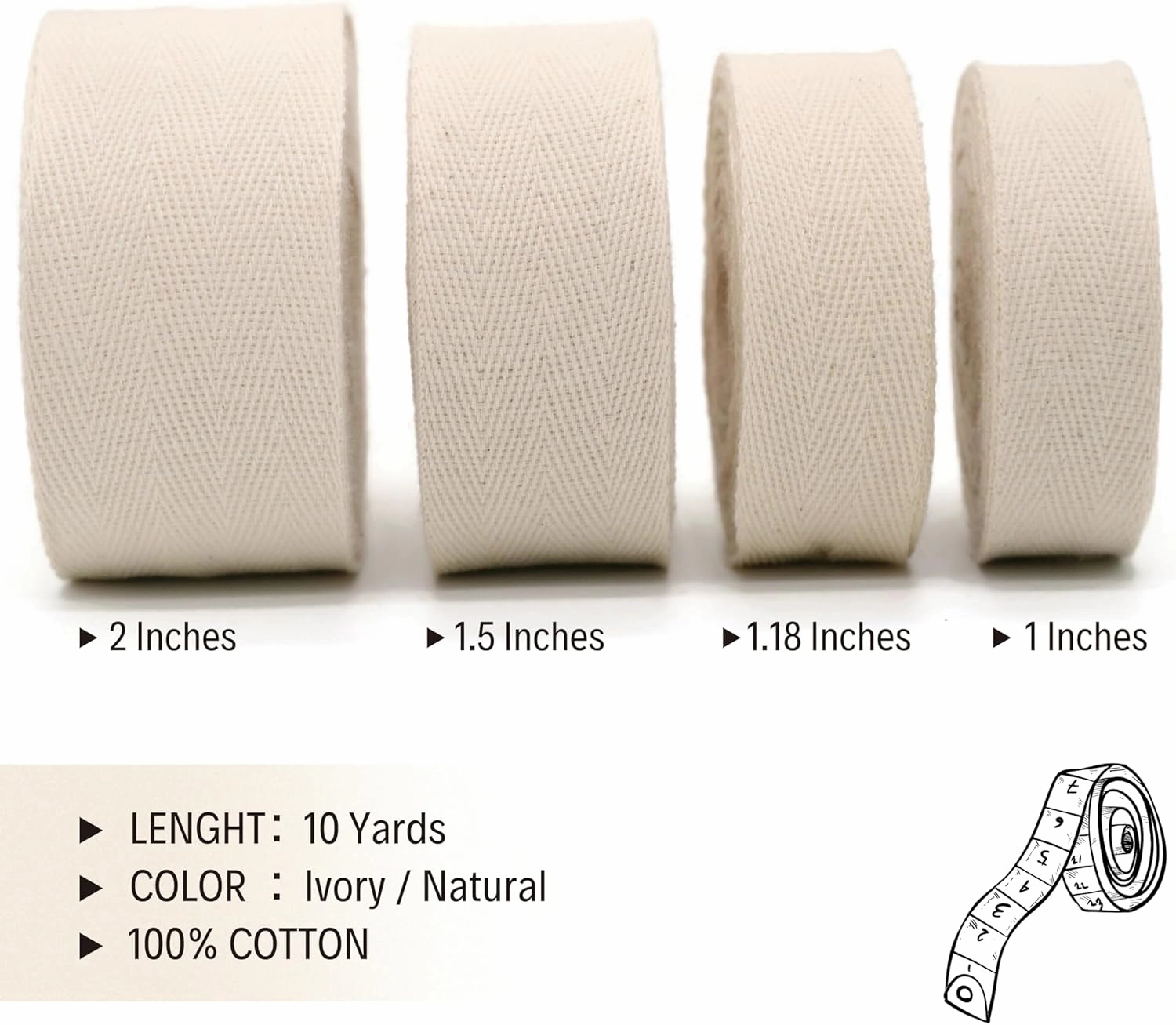 100% Natural Cotton Herringbone Bias Binding - 10 Yards - 50  Colors - 1" & 1.5" & 2" Cotton Twill Tape Trim for Sewing, Wrapping, Craft, DIY - 10595 (Ivory)