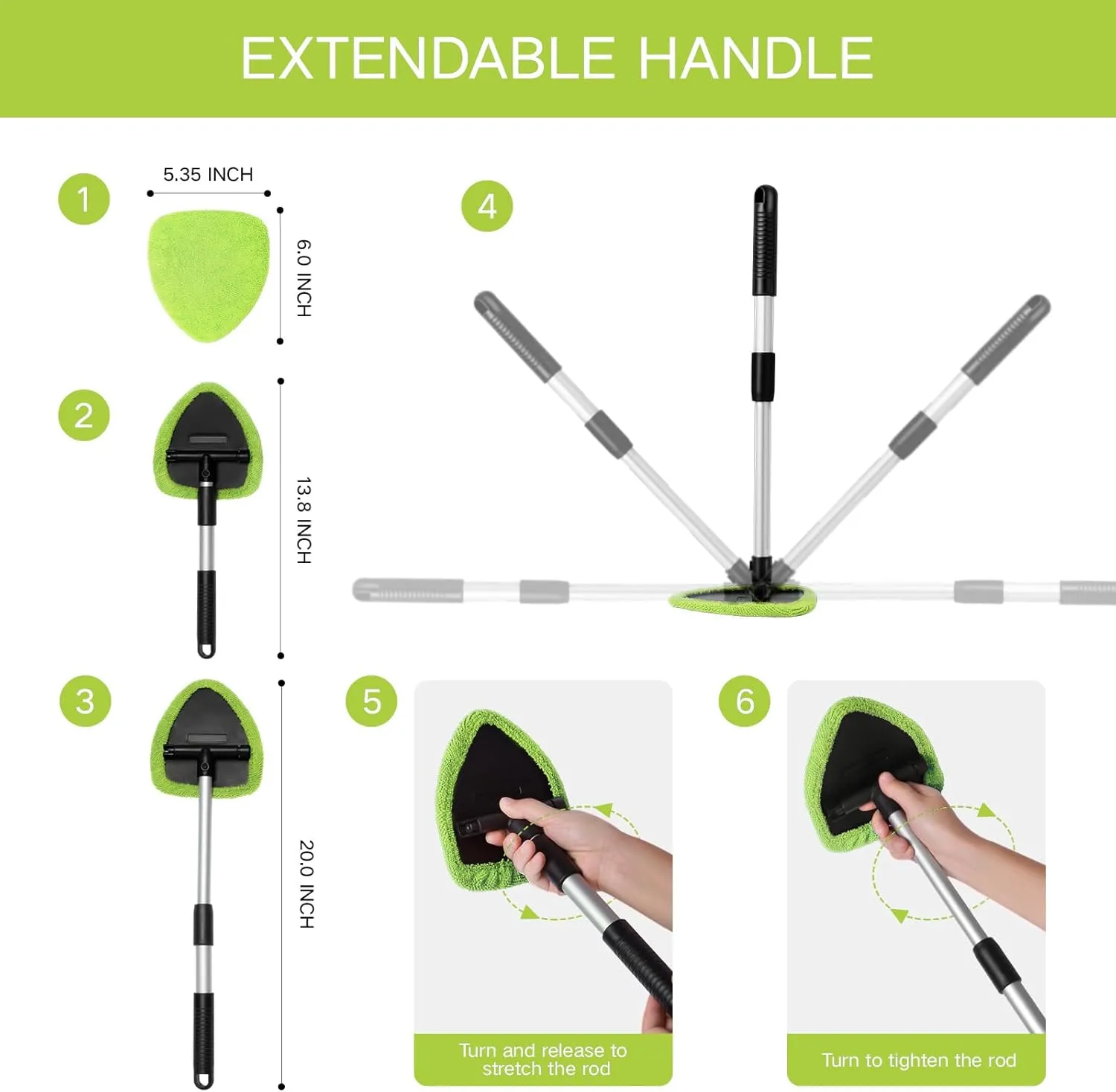 10pcs Windshield Cleaner Tool, Car Window Cleaning Wash Kit with 4 Reusable Microfiber Pads 1 Spray Bottle and Extendable Handle Auto Glass Wiper Kit, Green