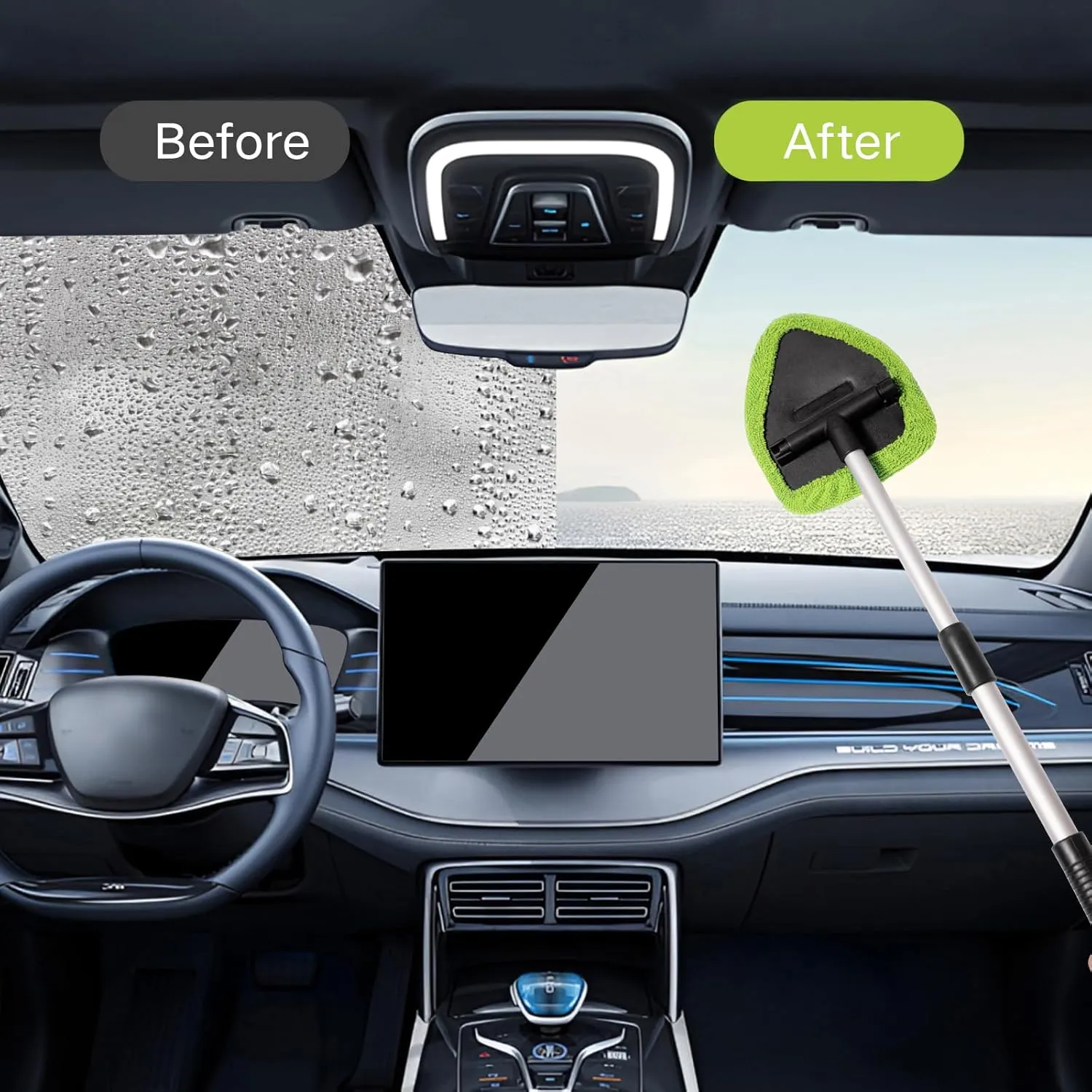10pcs Windshield Cleaner Tool, Car Window Cleaning Wash Kit with 4 Reusable Microfiber Pads 1 Spray Bottle and Extendable Handle Auto Glass Wiper Kit, Green