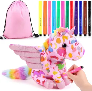 11" Coloring Unicorn Plush Toy with 12 Washable Markers for Little Girls DIY Coloring Unicorn Stuffed Animal Toy Soft Doodle Doll Art and Craft Painting Kit for Kid Birthday Gift, Ages 3 