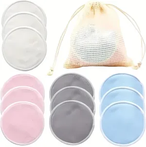 12-Pack Reusable Bamboo Cotton Makeup Remover Pads with Mesh Laundry Bag, Soft Double-Sided Washable Facial Cleansing Rounds