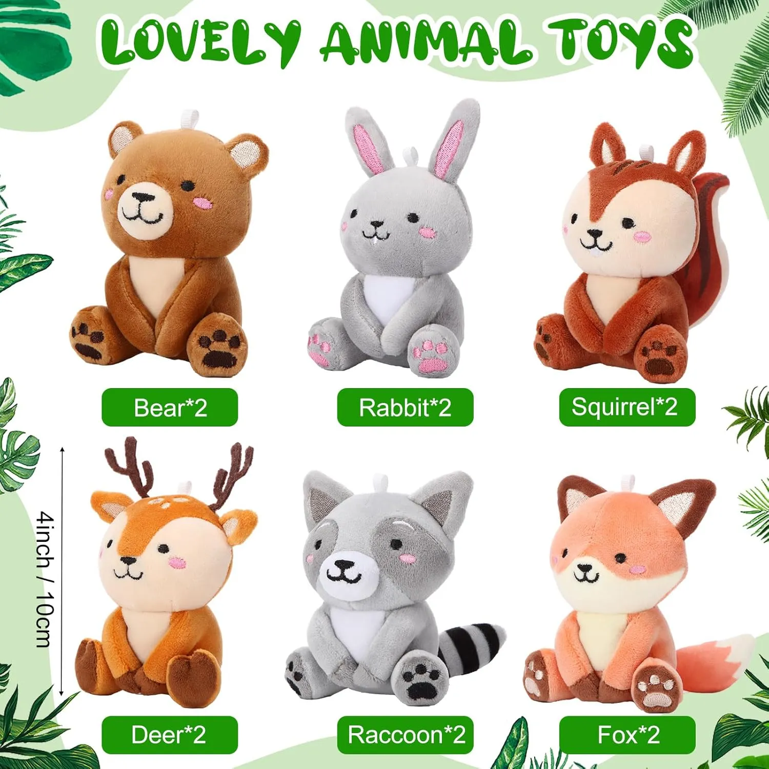 12 Pcs Mini Stuffed Woodland Animals Plush Bulk 4 Inch Woodland Animals Cute Plush Bear Rabbit Squirrel Raccoon Fox Deer for Kids Birthday Easter Baby Shower Decor Gifts Classroom Prizes