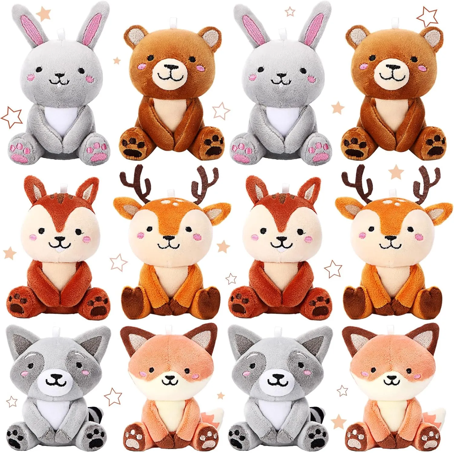 12 Pcs Mini Stuffed Woodland Animals Plush Bulk 4 Inch Woodland Animals Cute Plush Bear Rabbit Squirrel Raccoon Fox Deer for Kids Birthday Easter Baby Shower Decor Gifts Classroom Prizes