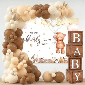 125Pcs Teddy Bear Baby Shower Decorations We Can Bearly Wait Baby Shower Boho Teddy Bear Backdrop Wood Grain Box with Baby Letters Brown Nude Balloons Arch for Boy Girl Gender Reveal Party Supplies