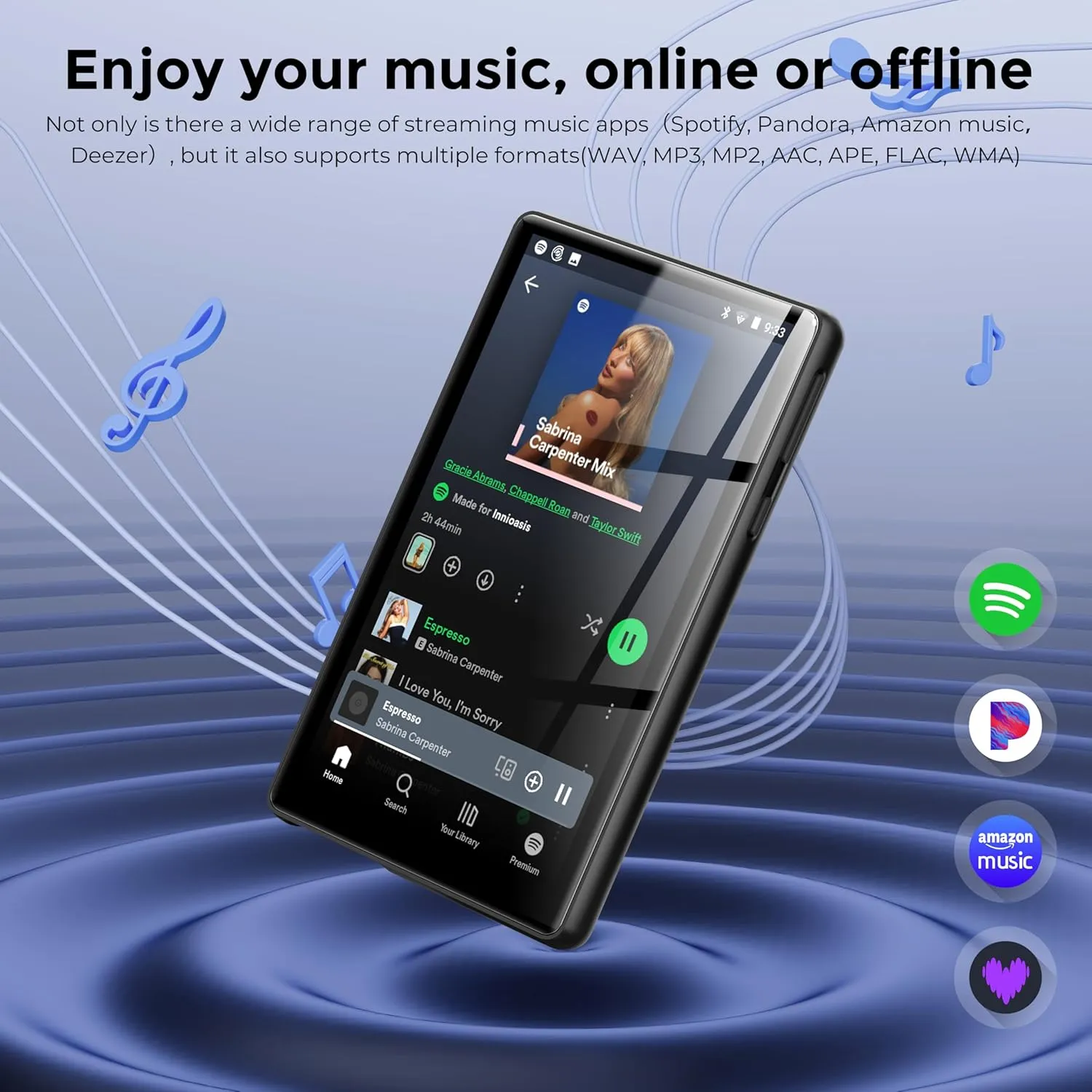 128GB MP3 Player with Bluetooth and WiFi，Music Video Player with Spotify Pandora,Amazon Music, 5" Touch Screen Android MP4 MP3 Player for Kids with Audible, YouTube, Spotify Kids,up to 256GB (Black)