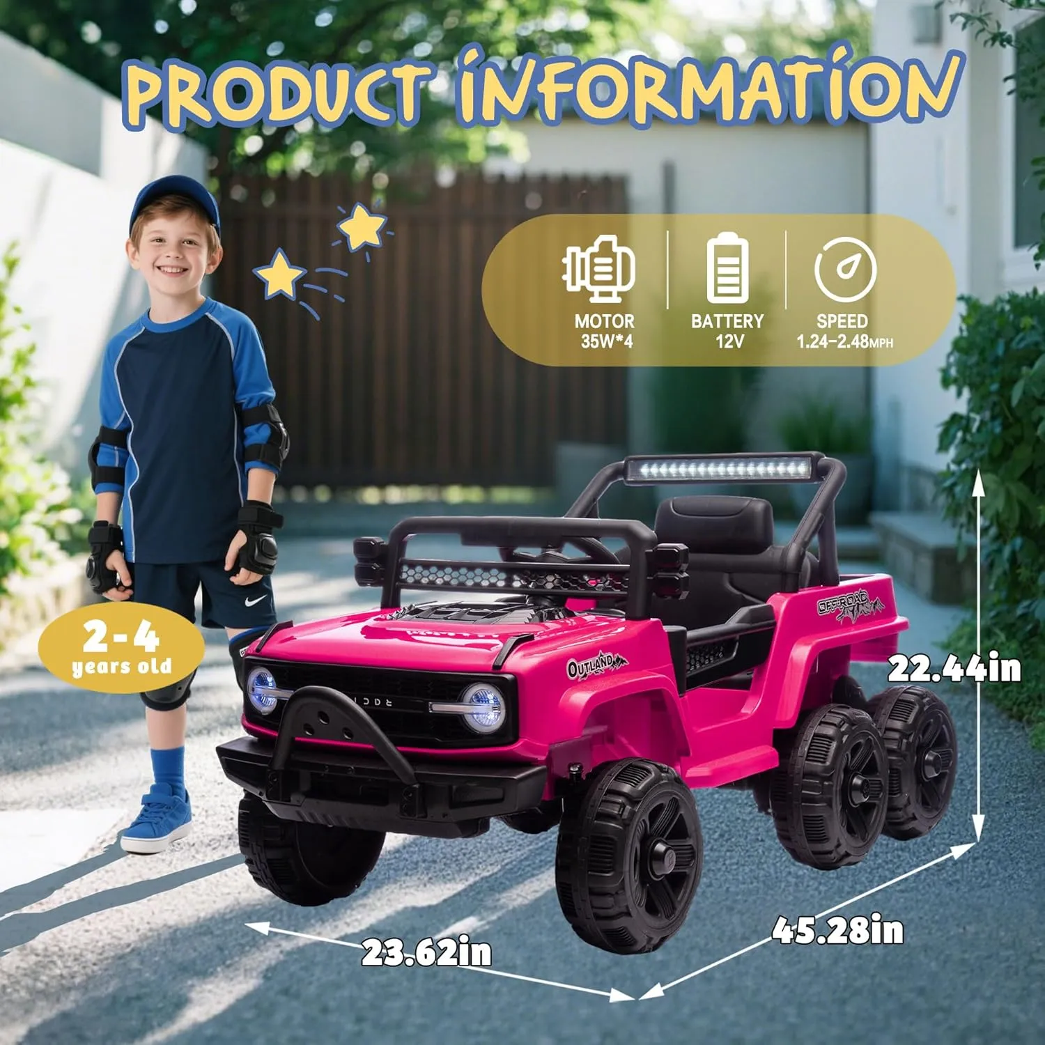 12V 4WD Kids Ride on Car Truck, Kids Electric Vehicles W/Parents Control, Six-Wheel Suspension, Ride on Toys for Boys Girls with Music, USB, Bluetooth, Power Display, Lights, Pink