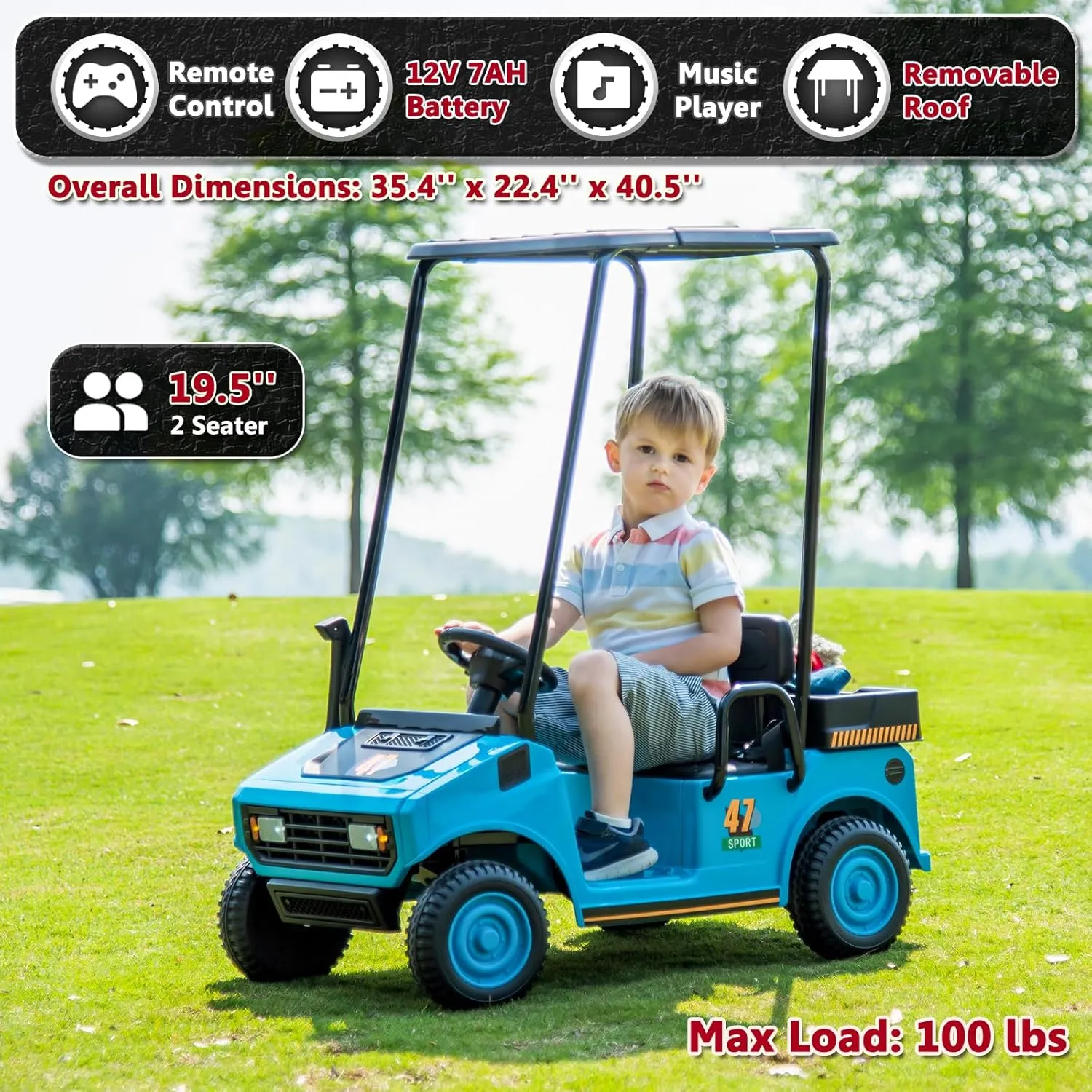 12V 7AH Kids Golf Cart with Remote Control, 2WD Ride on Toys for Boys Girls, 2 Seater Battery Powered Ride on Car with Music Player, Plastic Roof, Horn (Blue)