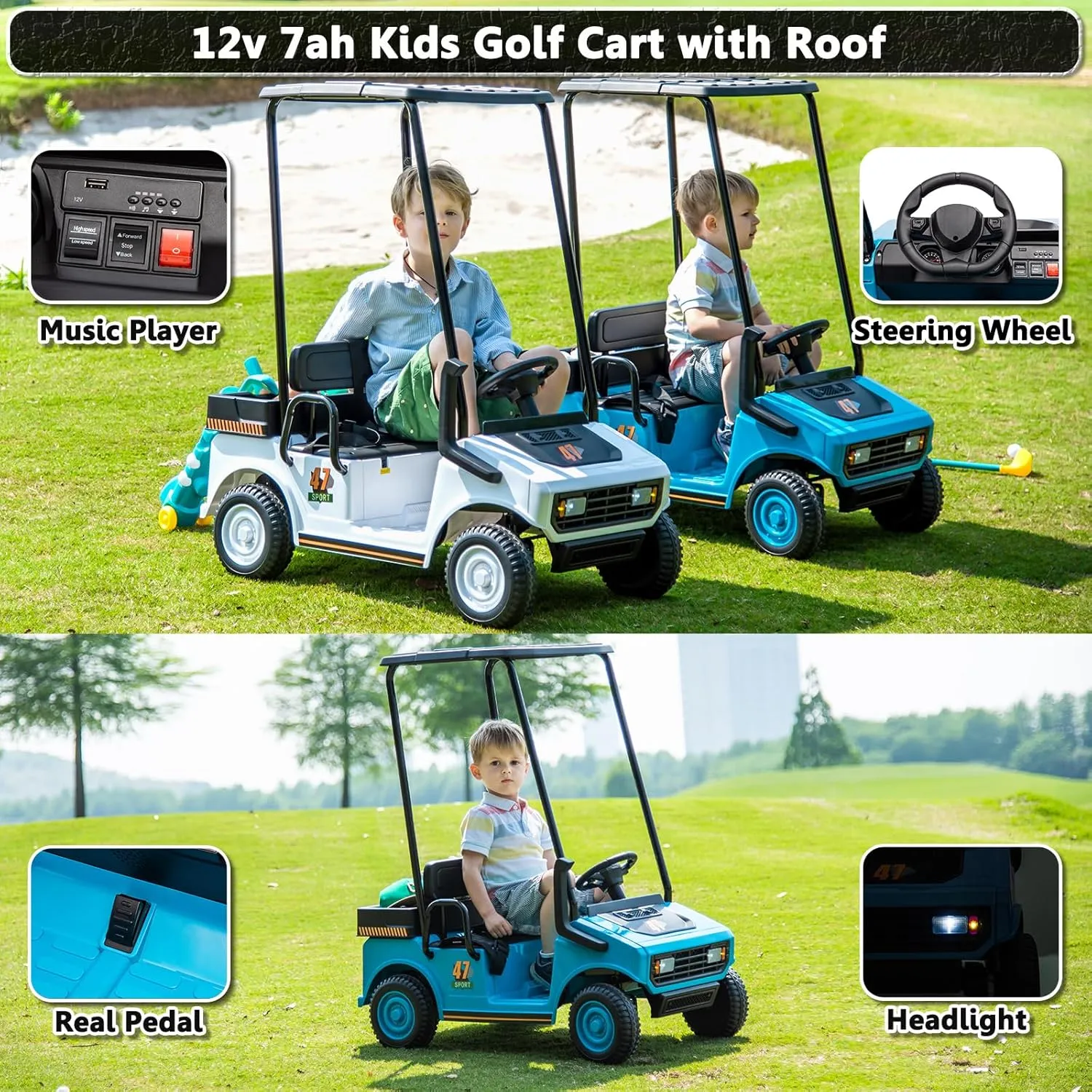 12V 7AH Kids Golf Cart with Remote Control, 2WD Ride on Toys for Boys Girls, 2 Seater Battery Powered Ride on Car with Music Player, Plastic Roof, Horn (Blue)