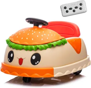 12V Bumper Car for Kids, Ride on Toys for Toddlers 1-3 Boys & Girls W/Parents Control, Cute Hamburger Shape Bumping Car with Rotation & Anti-roll Design, Bluetooth, Music, USB, LED Lights