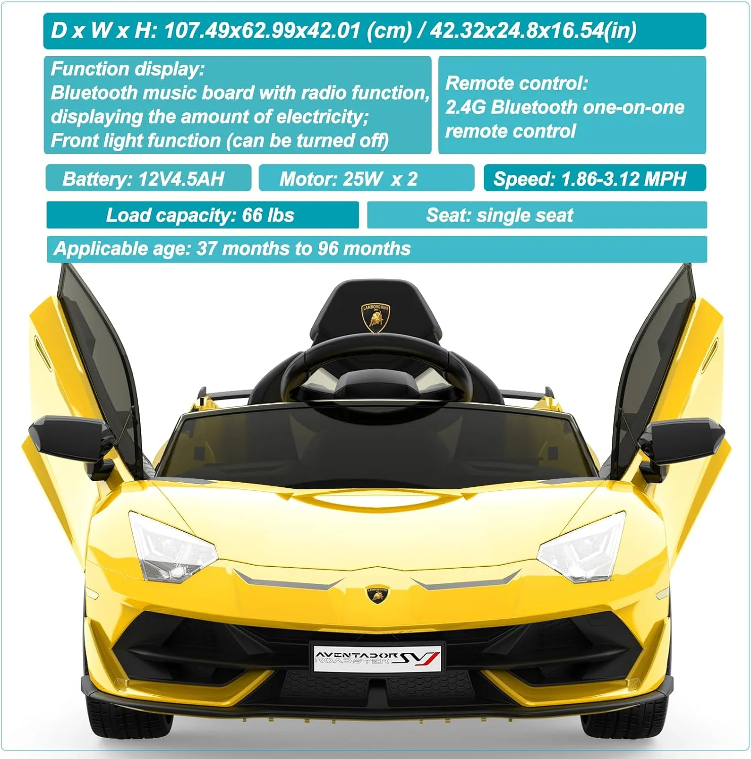 12V Electric Ride-On Car for Kids | Licensed Lamborghini Battery-Powered Sports Car with Remote Control, 2 Speeds, Sound System, LED Headlights, Hydraulic Doors