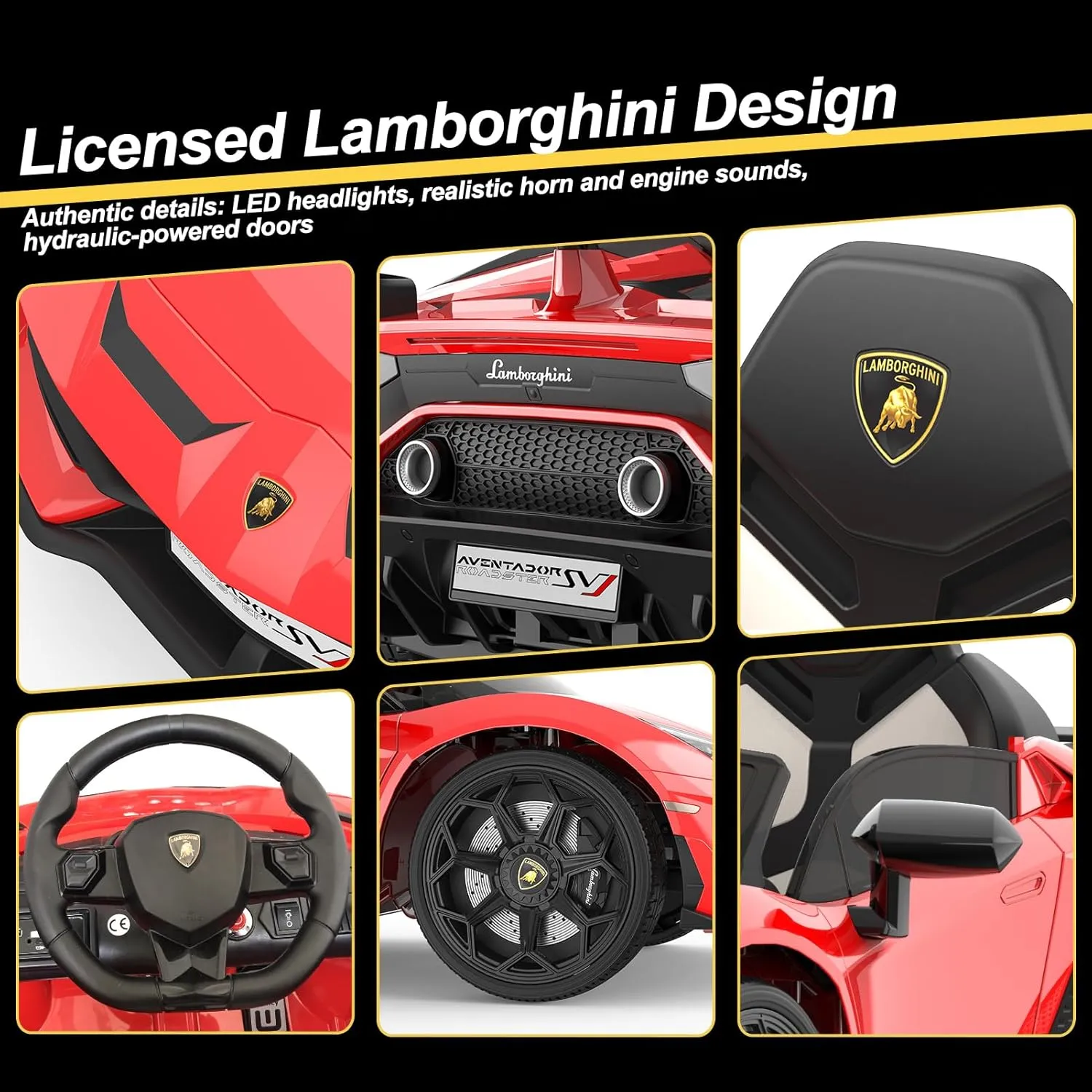 12V Electric Ride-On Car for Kids | Licensed Lamborghini Battery-Powered Sports Car with Remote Control, 2 Speeds, Sound System, LED Headlights, Hydraulic Doors
