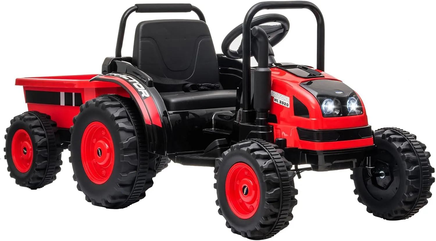 12V Electric Ride-On Tractor for Kids with Trailer, Remote Control, Music LED Light, Rear Wheel Suspension, Battery Powered Toy Vehicle Car, 3 Speeds, Safety Belt, for Boys Girls, Red