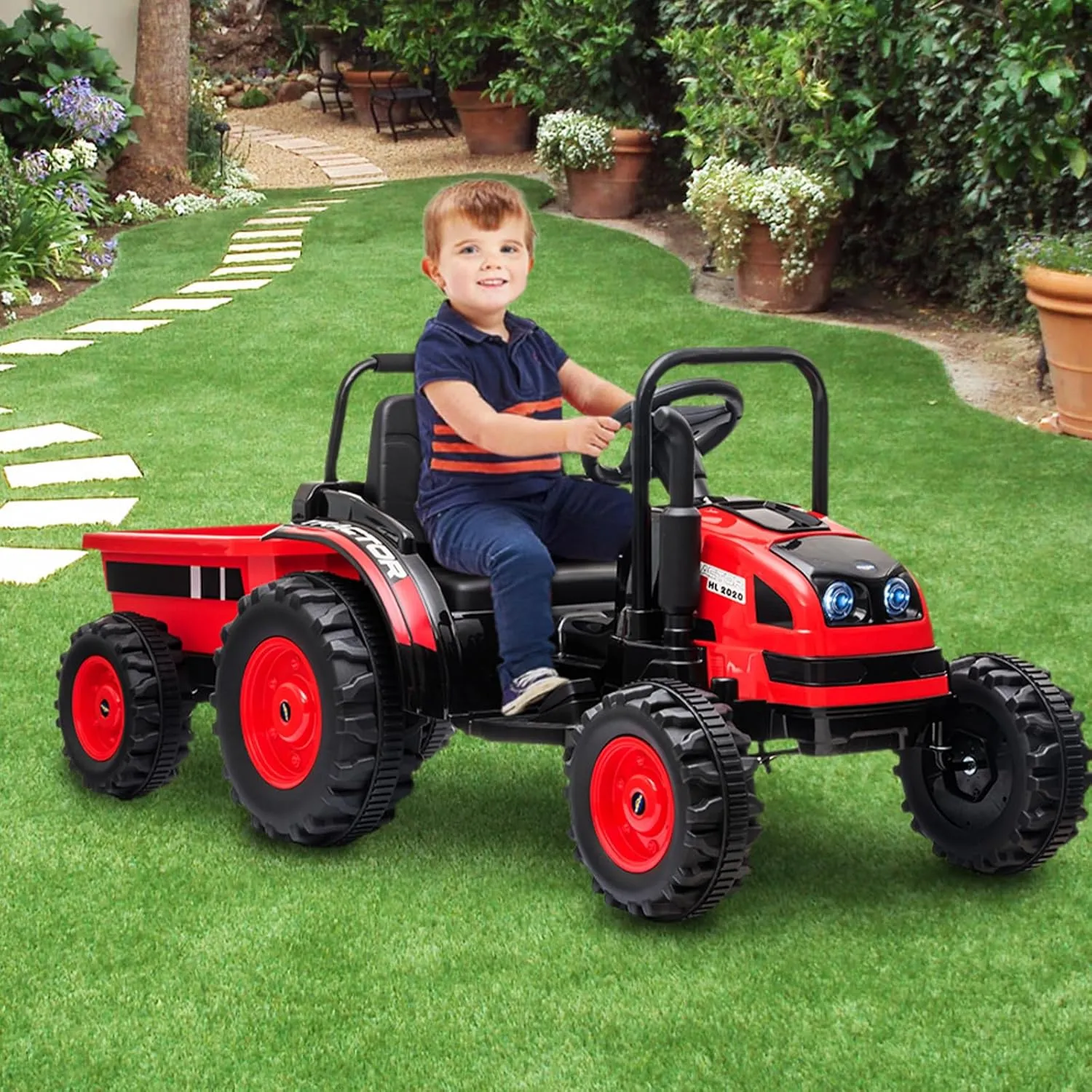 12V Electric Ride-On Tractor for Kids with Trailer, Remote Control, Music LED Light, Rear Wheel Suspension, Battery Powered Toy Vehicle Car, 3 Speeds, Safety Belt, for Boys Girls, Red