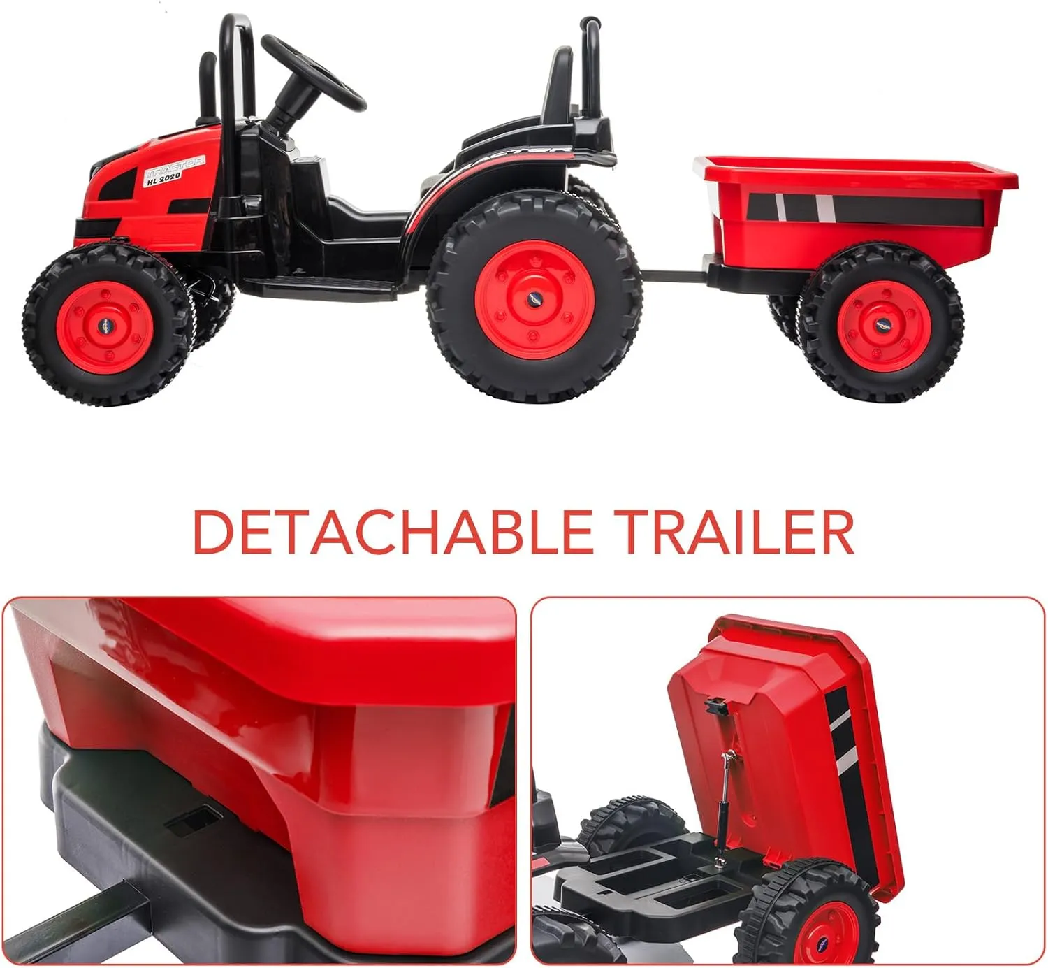 12V Electric Ride-On Tractor for Kids with Trailer, Remote Control, Music LED Light, Rear Wheel Suspension, Battery Powered Toy Vehicle Car, 3 Speeds, Safety Belt, for Boys Girls, Red