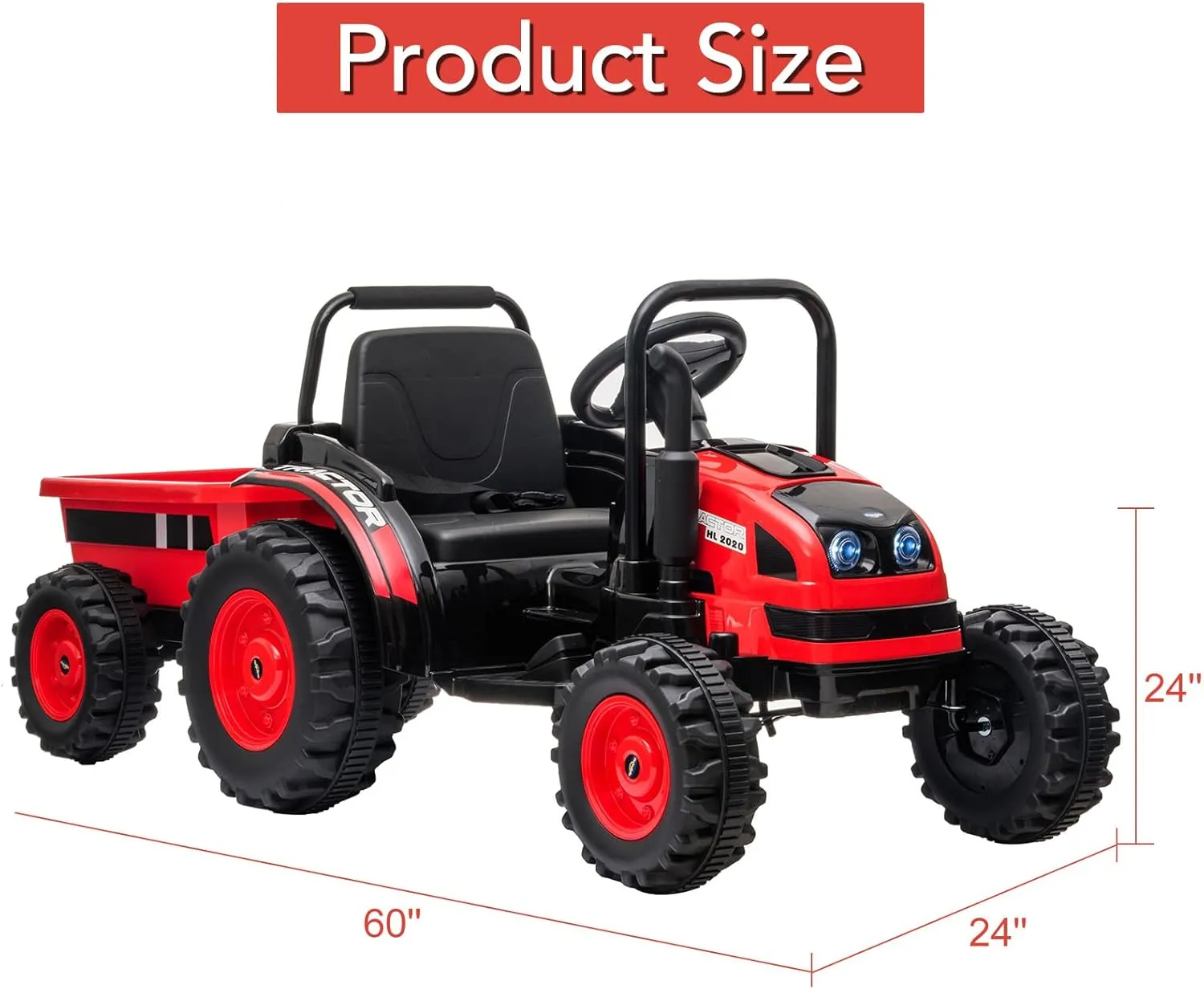 12V Electric Ride-On Tractor for Kids with Trailer, Remote Control, Music LED Light, Rear Wheel Suspension, Battery Powered Toy Vehicle Car, 3 Speeds, Safety Belt, for Boys Girls, Red