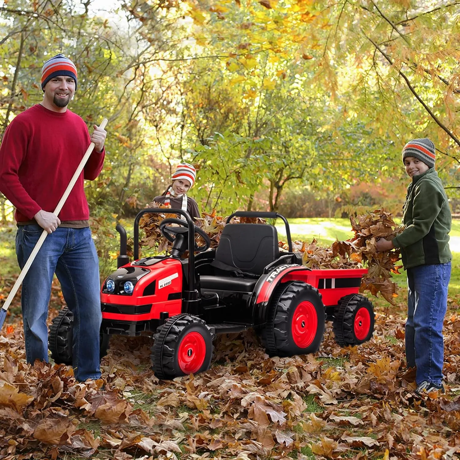 12V Electric Ride-On Tractor for Kids with Trailer, Remote Control, Music LED Light, Rear Wheel Suspension, Battery Powered Toy Vehicle Car, 3 Speeds, Safety Belt, for Boys Girls, Red