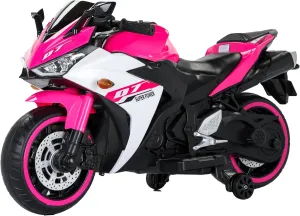 12V Kids Electric Motorcycle with Trainning Wheels for 3-8 Years(43-55in) Boys Girls Ride on Motorbike,Lighting Wheels, Hand Drive, Connect with Phone for Child Electria Toy Gift, White Pink