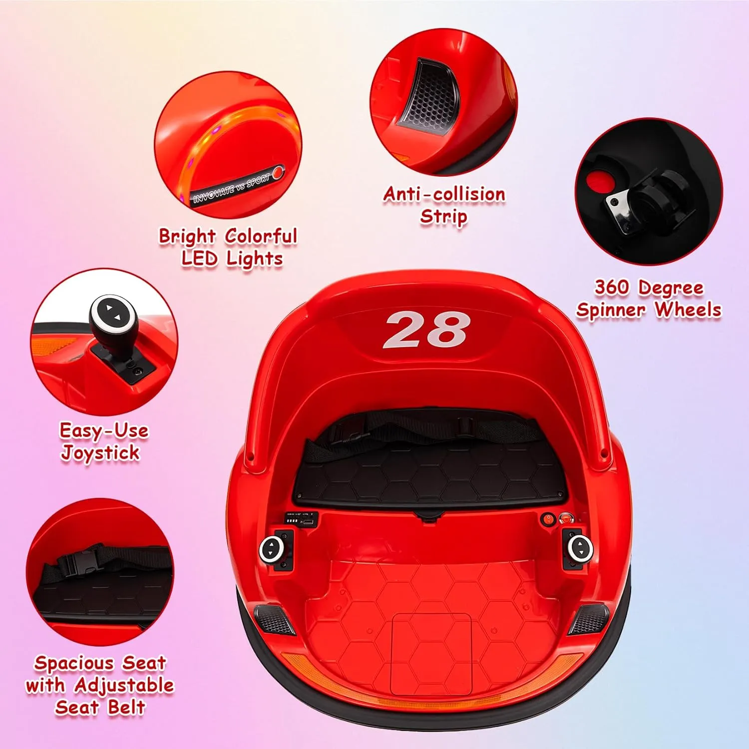 12V Kids Electric Ride On Bumper Car, Toddlers Bumper Car with Remote Control, Baby Bumping Toy with 360 Degree Spin, 3 Speeds, Music, Led Lights, for Boys Girls 1.5 , Red