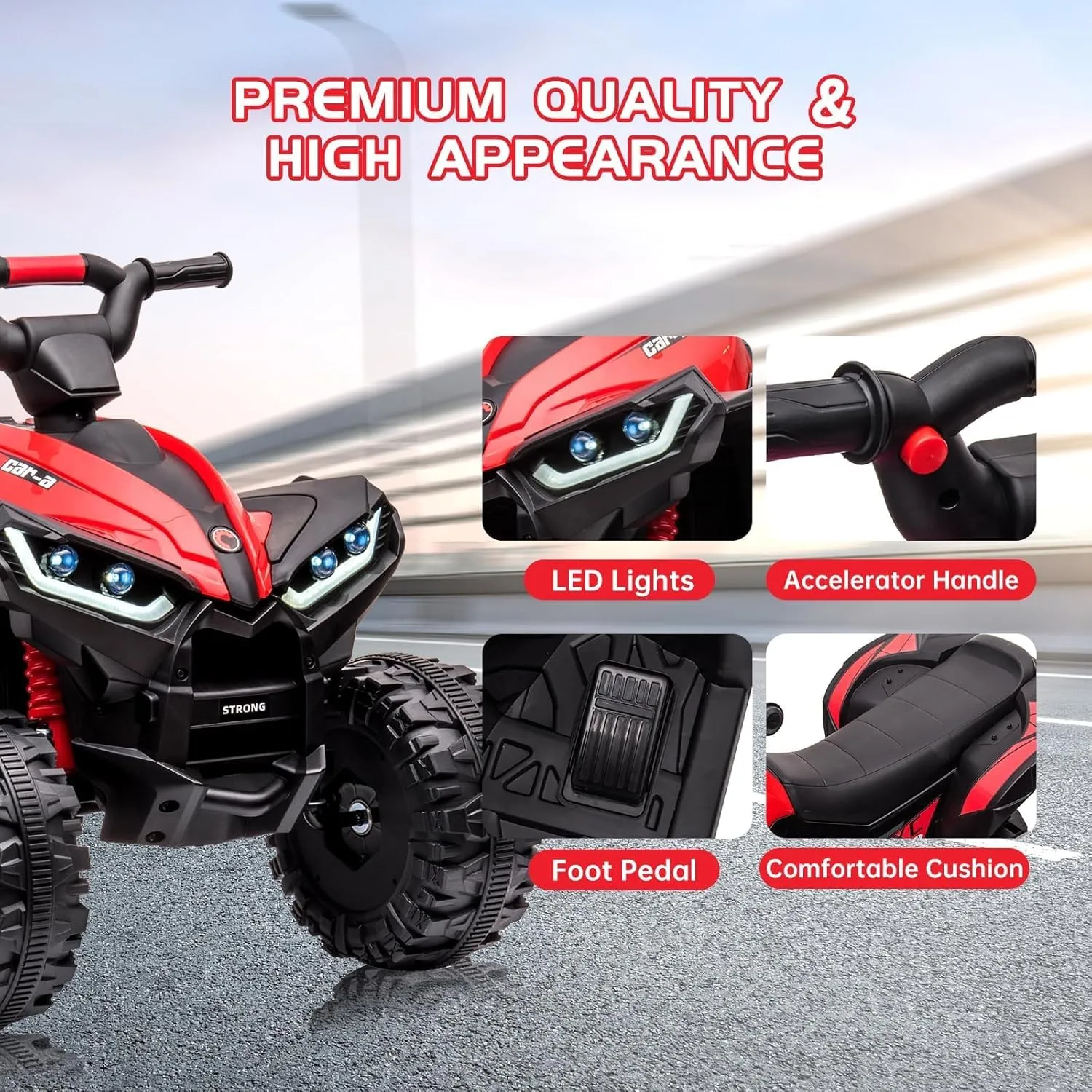 12V Kids Ride On ATV, Battery Powered, Electric Four-Wheeler with Music, Led Lights, High and Low Modes,USB,Treaded Tires,Suitable for Boys and Girls (Red)