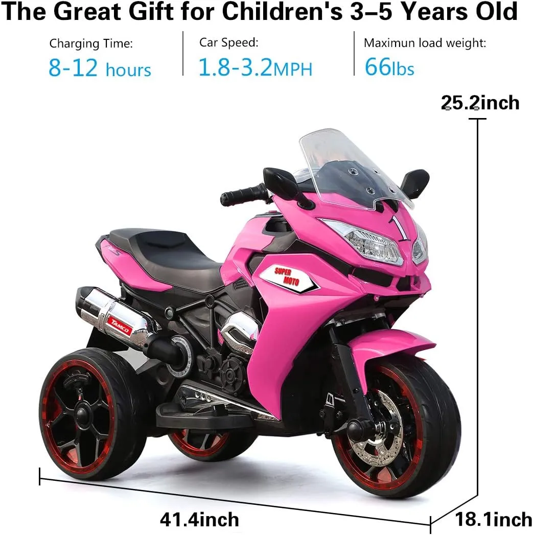 12V Kids Ride On ATV, Electric Ride on Dirt Motorcycle with LED Lights, Music, High Low Speed, Soft Start, Motorcycle Toys 3 Wheels Electric Trike Motorcycle for Boys and Girls (Pink)