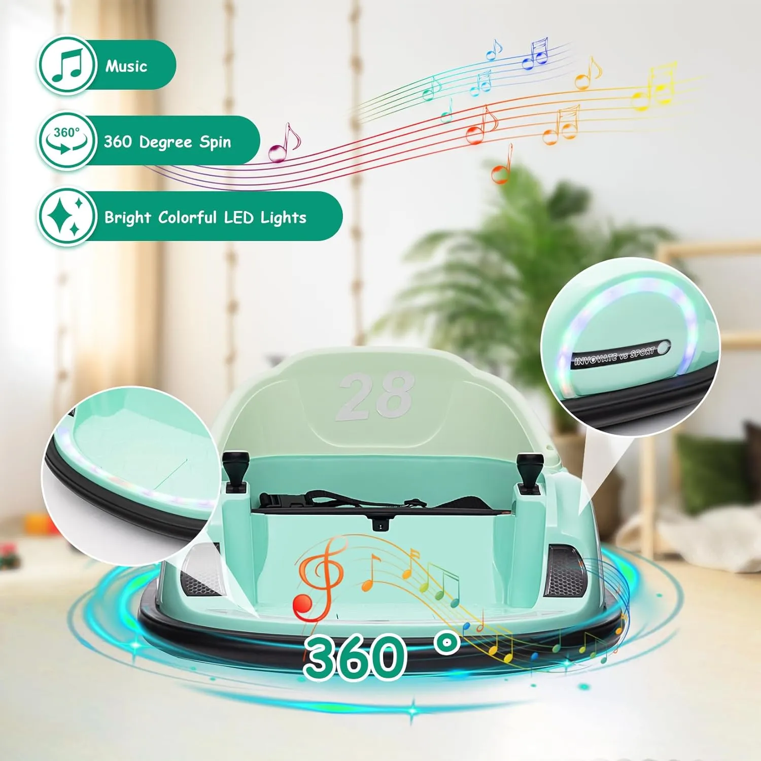 12V Kids Ride On Bumper Car Electric Bumping Car for Toddlers with Remote Control, 360° Spin, Battery Display, LED Lights, and Music Battery Powered Ride On Toy for Boys Girls, Green