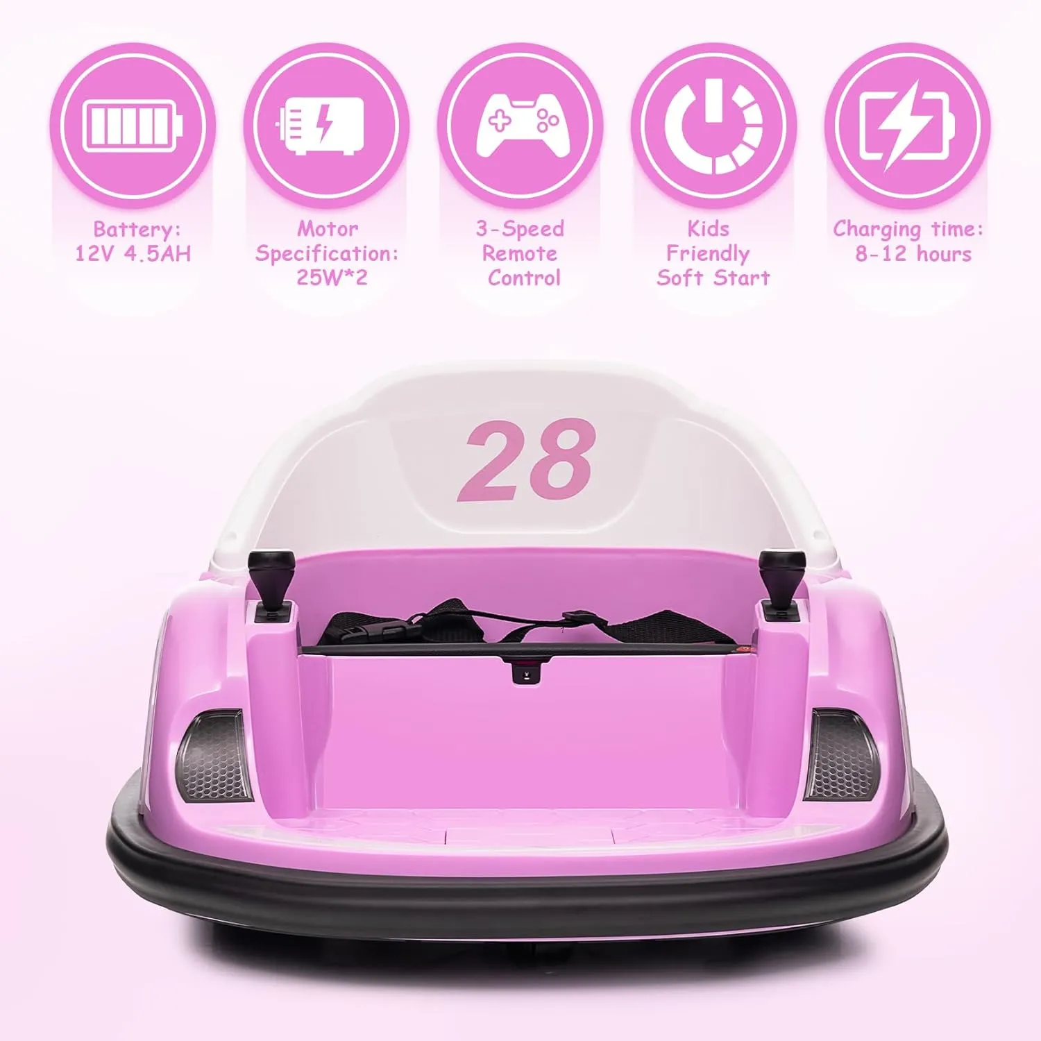 12V Kids Ride on Bumper Car for Toddlers, Battery Powered Bumper Car with Remote Control, 1.5  Years Old Baby Electric Bumping Toy with Battery Display, 360 Degree Spin, Music, LED Lights, Pink