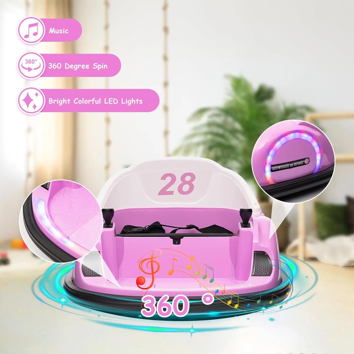 12V Kids Ride on Bumper Car for Toddlers, Battery Powered Bumper Car with Remote Control, 1.5  Years Old Baby Electric Bumping Toy with Battery Display, 360 Degree Spin, Music, LED Lights, Pink