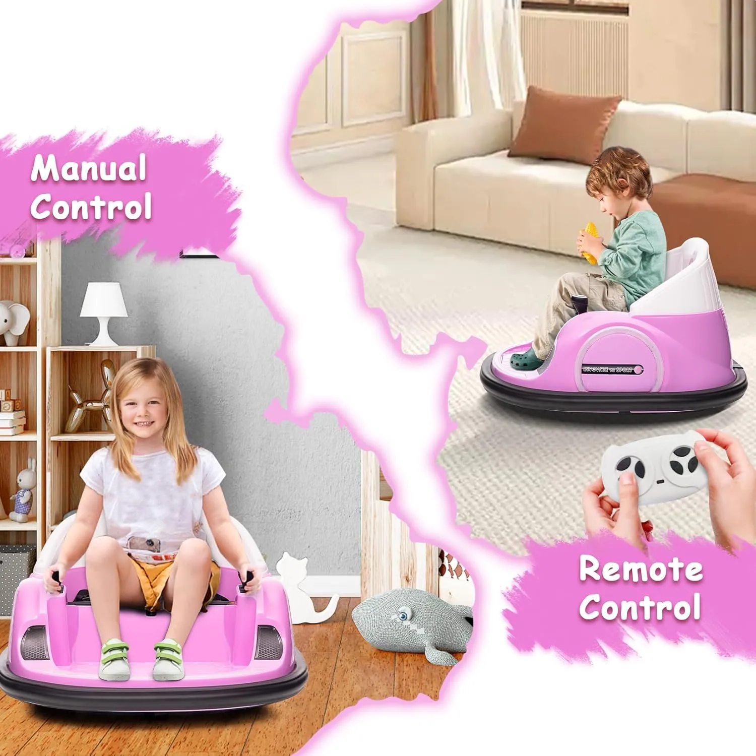 12V Kids Ride on Bumper Car for Toddlers, Battery Powered Bumper Car with Remote Control, 1.5  Years Old Baby Electric Bumping Toy with Battery Display, 360 Degree Spin, Music, LED Lights, Pink
