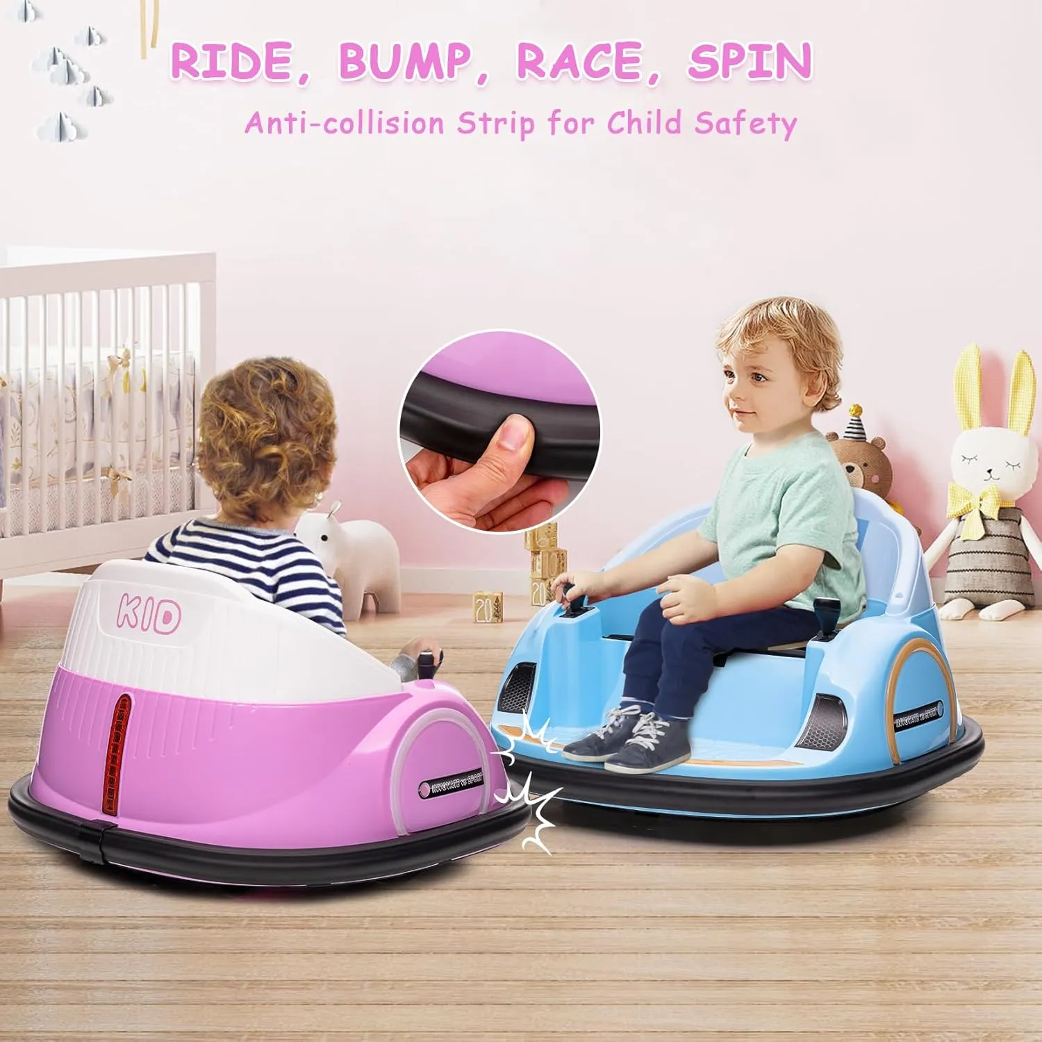 12V Kids Ride on Bumper Car for Toddlers, Battery Powered Bumper Car with Remote Control, 1.5  Years Old Baby Electric Bumping Toy with Battery Display, 360 Degree Spin, Music, LED Lights, Pink