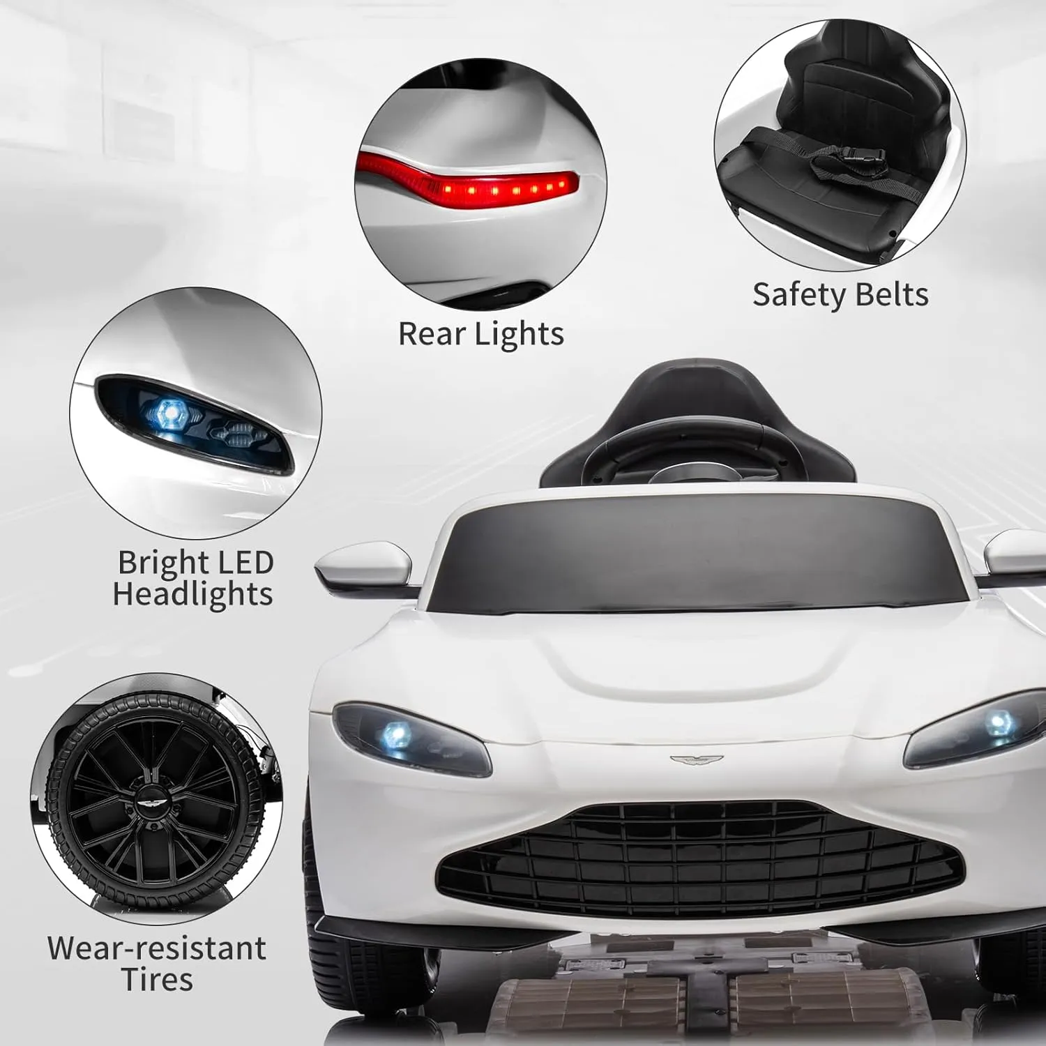 12V Kids Ride on Car Licensed Aston Martin Electric Sports Car Toy for Toddlers Battery Powered Car with Remote Control, LED Lights, Horn, Soft Start, Music, USB, Ride on Toy for Boys Girls, White