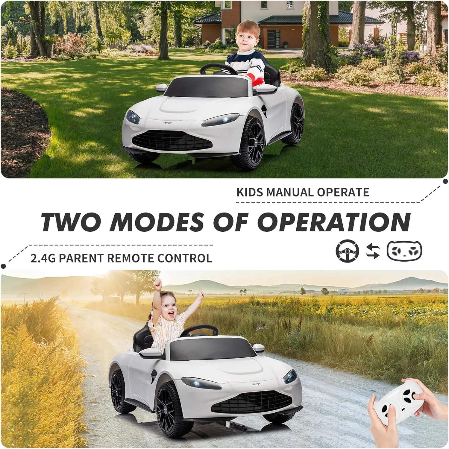 12V Kids Ride on Car Licensed Aston Martin Electric Sports Car Toy for Toddlers Battery Powered Car with Remote Control, LED Lights, Horn, Soft Start, Music, USB, Ride on Toy for Boys Girls, White