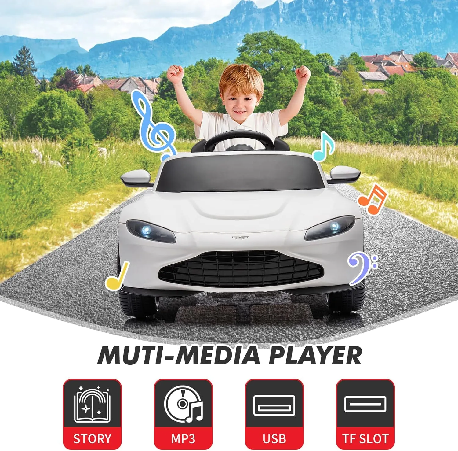 12V Kids Ride on Car Licensed Aston Martin Electric Sports Car Toy for Toddlers Battery Powered Car with Remote Control, LED Lights, Horn, Soft Start, Music, USB, Ride on Toy for Boys Girls, White