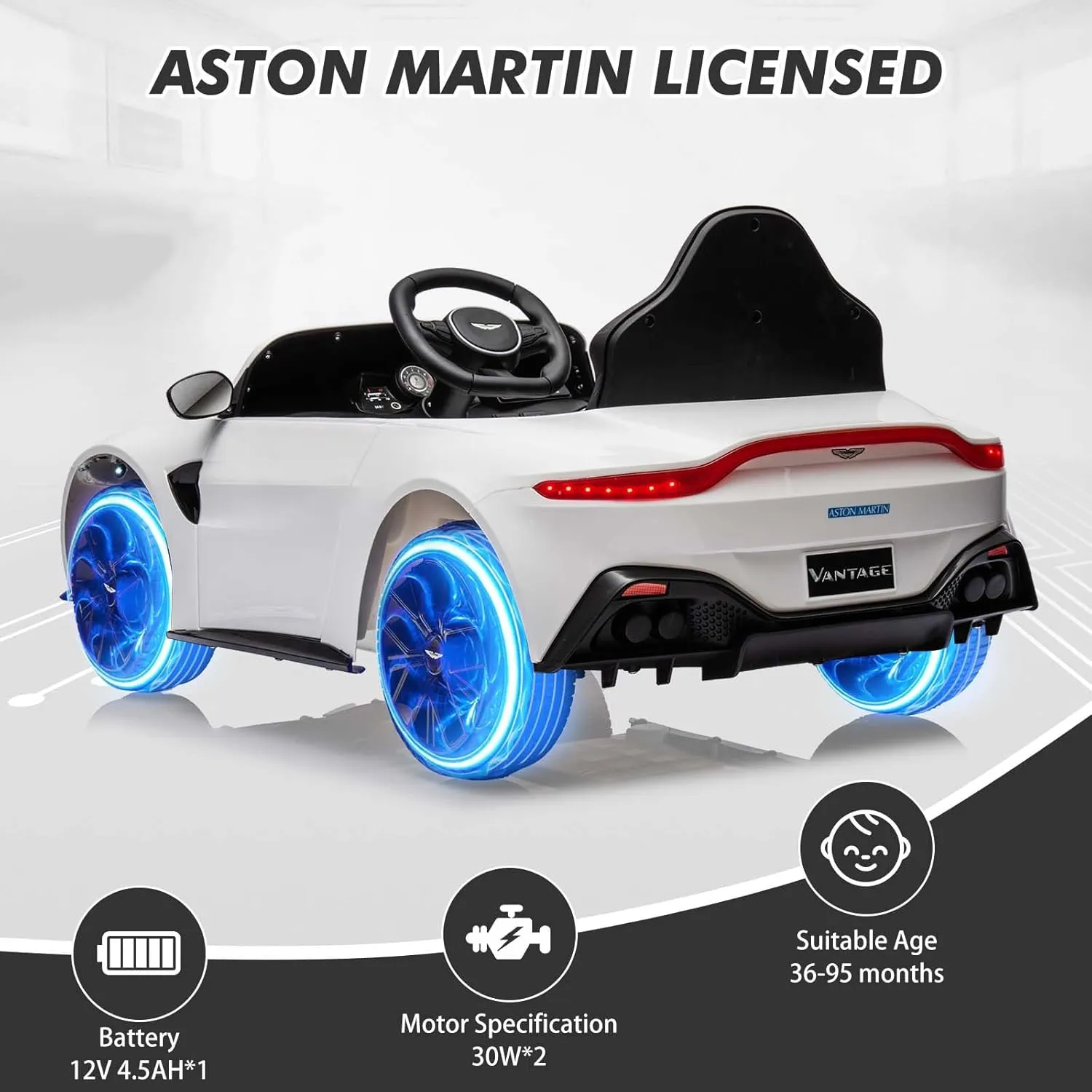 12V Kids Ride on Car Licensed Aston Martin Electric Sports Car Toy for Toddlers Battery Powered Car with Remote Control, LED Lights, Horn, Soft Start, Music, USB, Ride on Toy for Boys Girls, White
