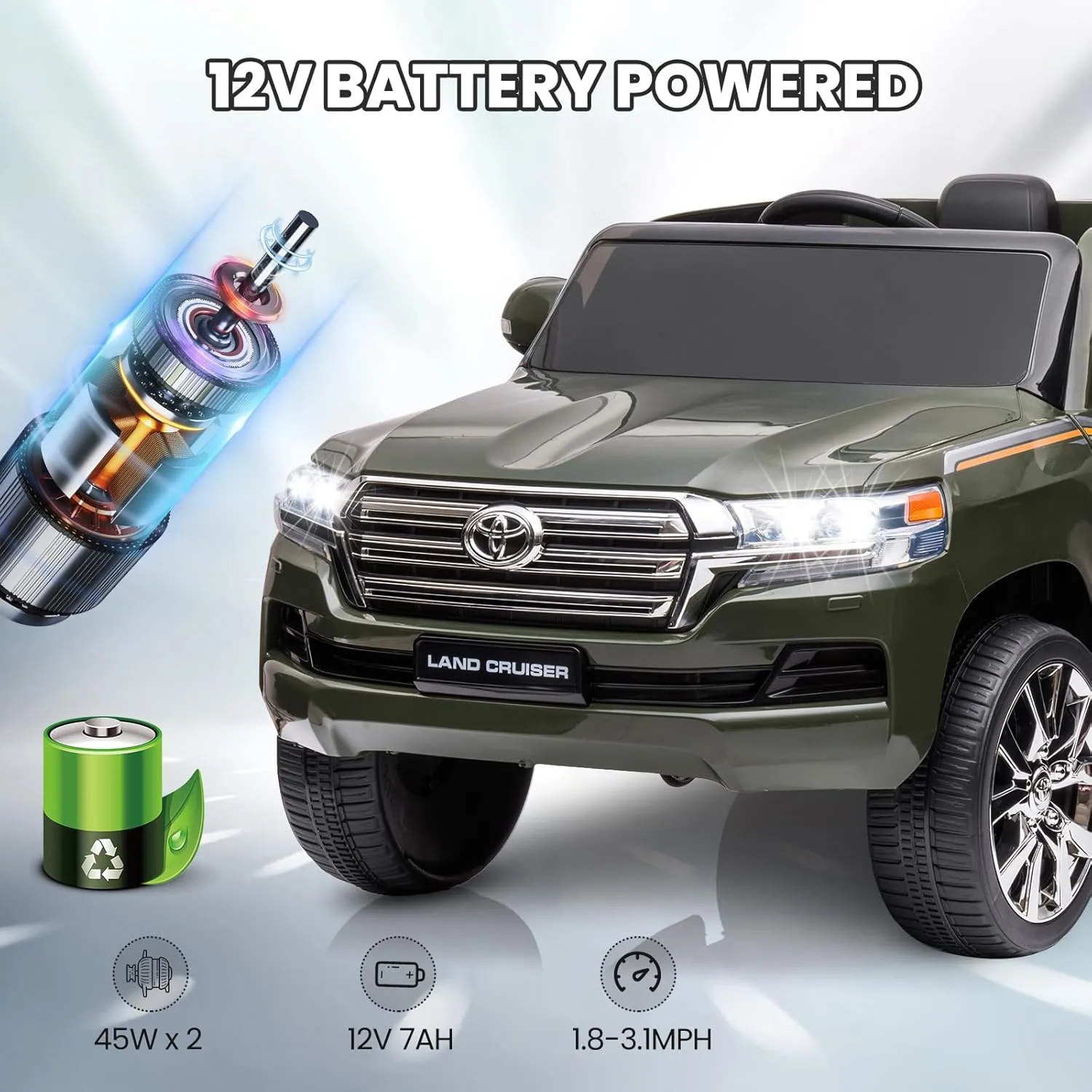 12V Kids Ride On Car, Licensed Toyota Land Cruiser Ride On Toys for Kids 4-8, Battery Powered Electric Vehicle with Parent Remote Control, 3 Speeds, Music, Led Lights, Birthday Gift for Boys, Green