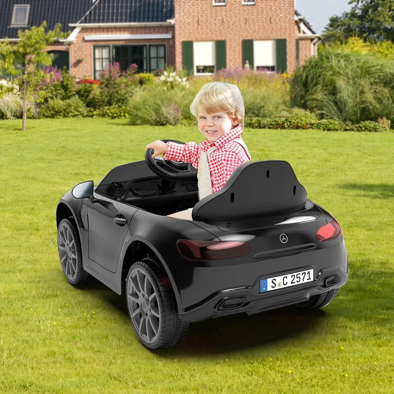 12V Kids Ride On Car with 2.4G Remote Control,Battery Powered Electric Car Ride On Vehicle Double Doors, 5 Point Safety Belt,LED Light (SC-Black)
