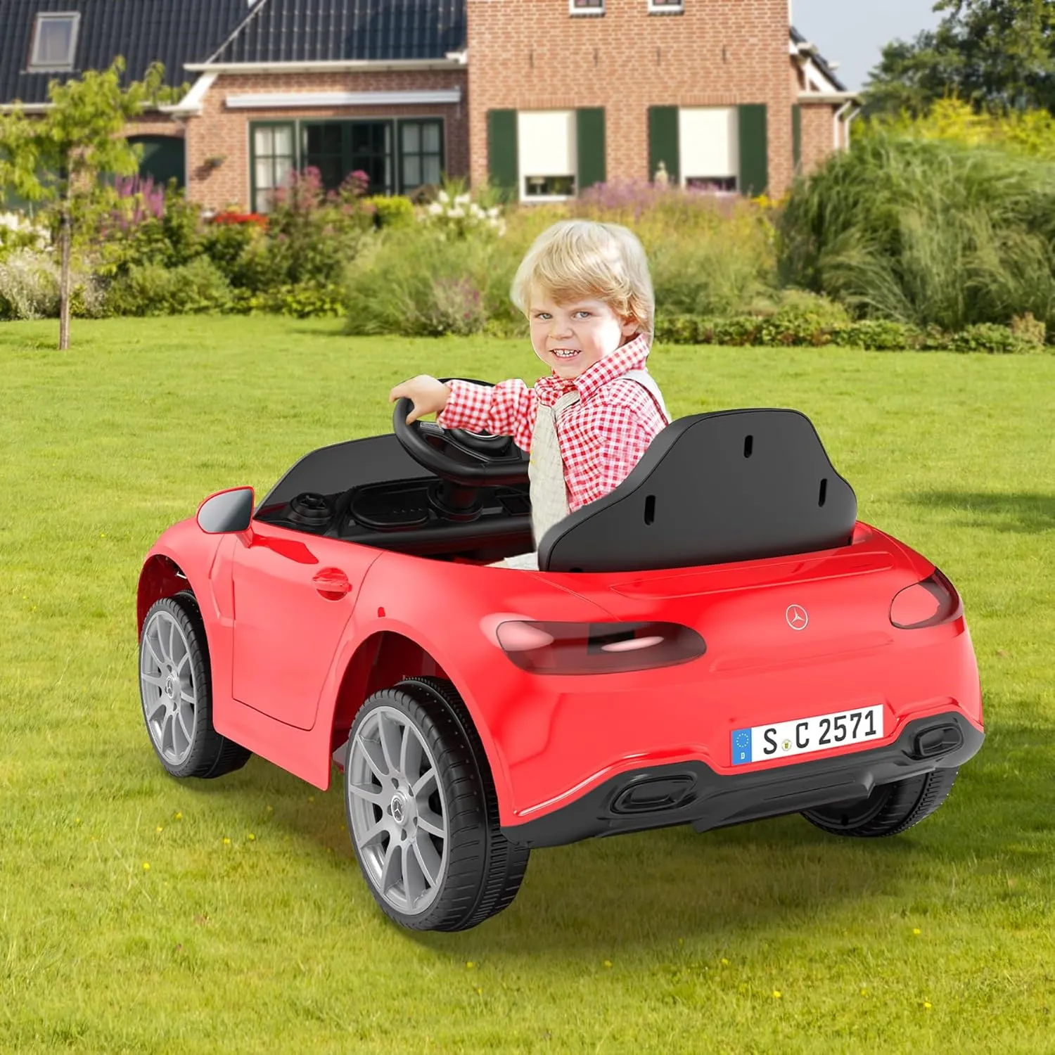 12V Kids Ride On Car with 2.4G Remote Control,Battery Powered Electric Car Ride On Vehicle Double Doors, 5 Point Safety Belt,LED Light (SC-Red)