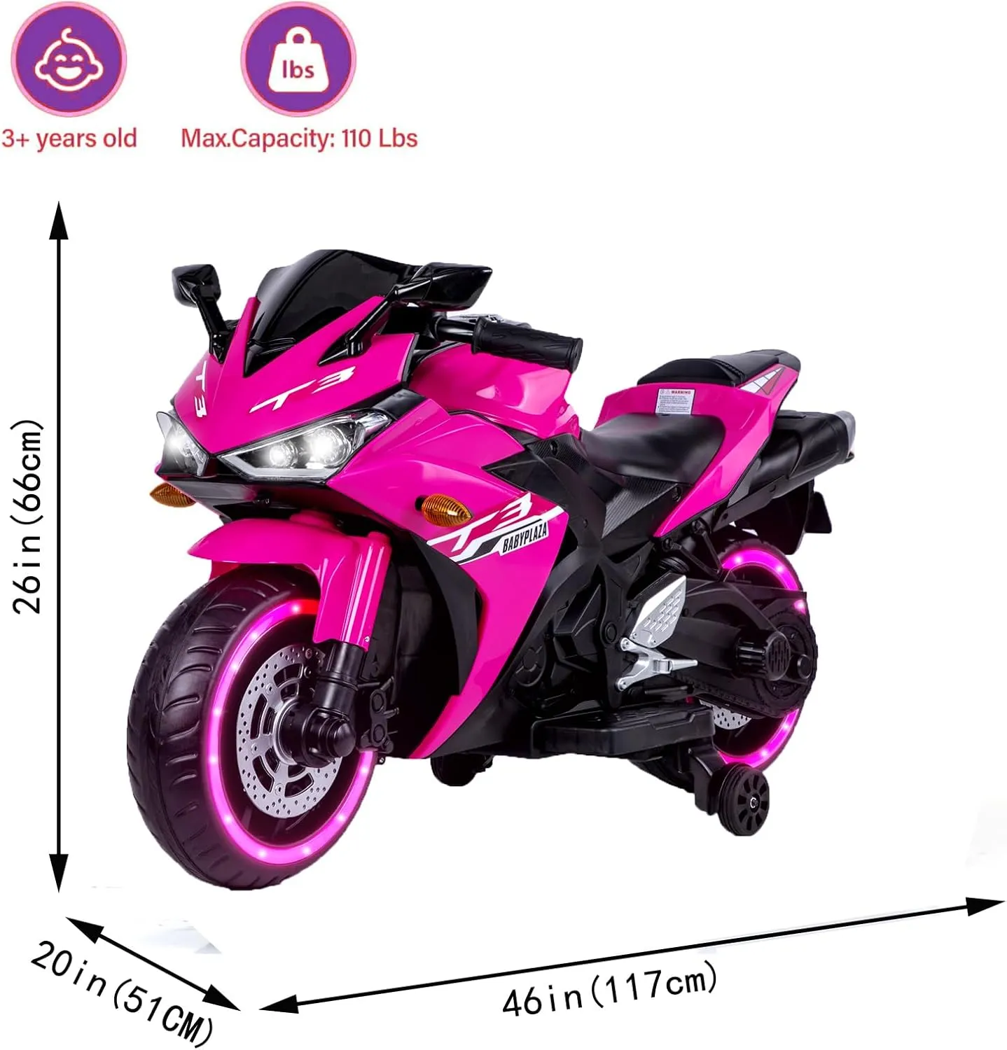 12V Kids Ride On Motorcycle, 7AH 550W Battery Powered Motorcycle w/Training Wheels, Manual Throttle,LED Lights, Music,USB,MP3,1.8-3.2 MPH Speed (Pink)