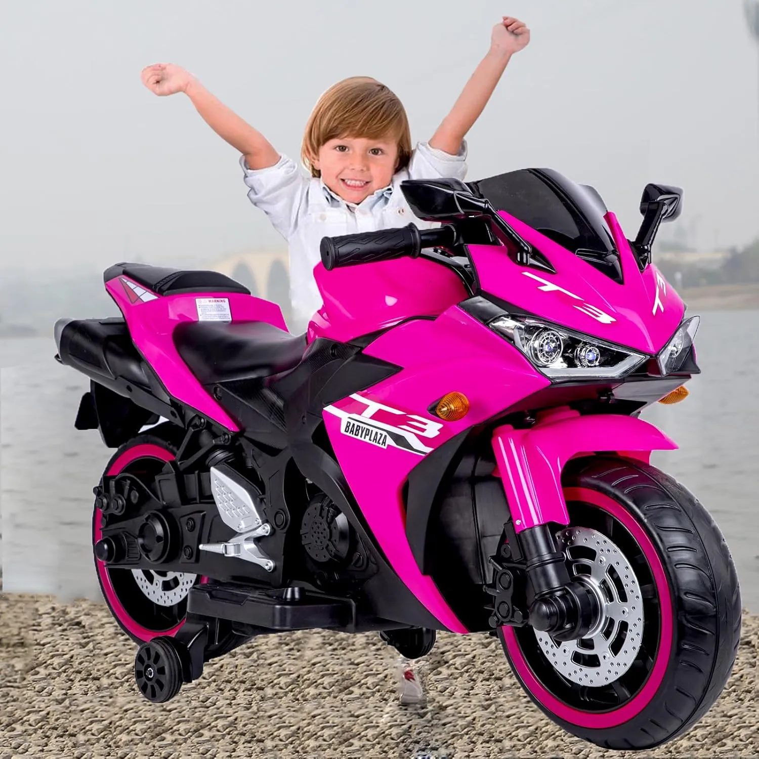 12V Kids Ride On Motorcycle, 7AH 550W Battery Powered Motorcycle w/Training Wheels, Manual Throttle,LED Lights, Music,USB,MP3,1.8-3.2 MPH Speed (Pink)