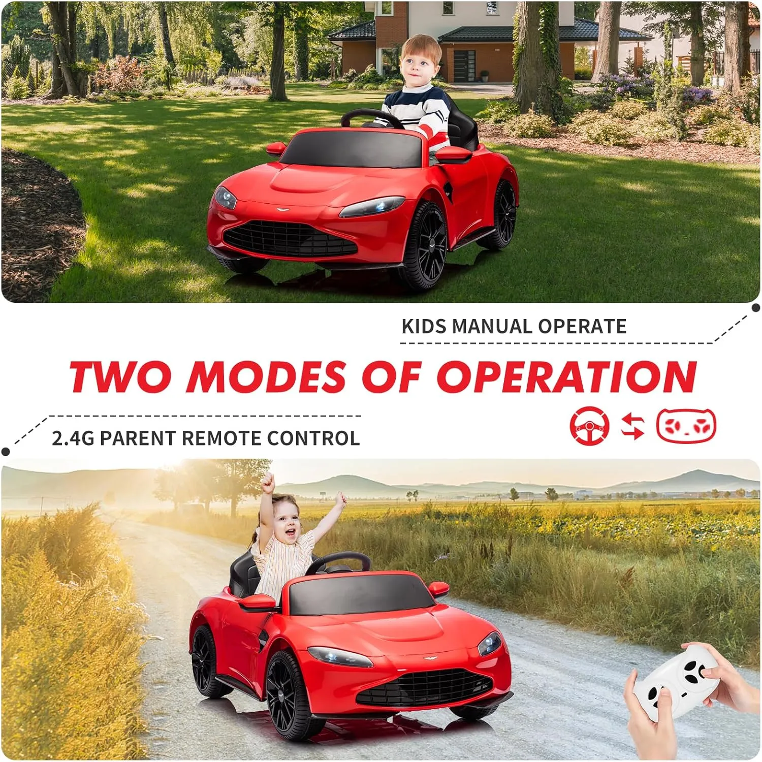 12V Kids Ride On Sports Car Licensed Aston Martin Electric Ride On Toy for Toddles Battery Powered Vehicle with Remote Control, Horn, Soft Start, LED Lights, Music, Red