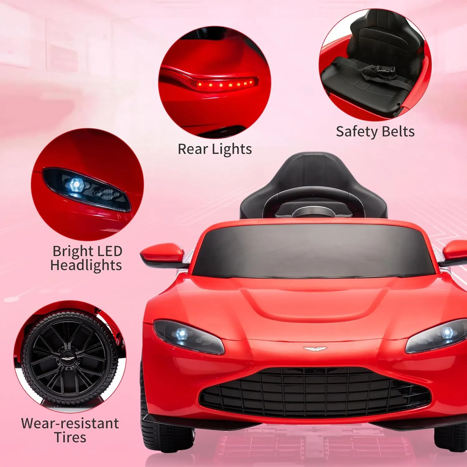12V Kids Ride On Sports Car Licensed Aston Martin Electric Ride On Toy for Toddles Battery Powered Vehicle with Remote Control, Horn, Soft Start, LED Lights, Music, Red