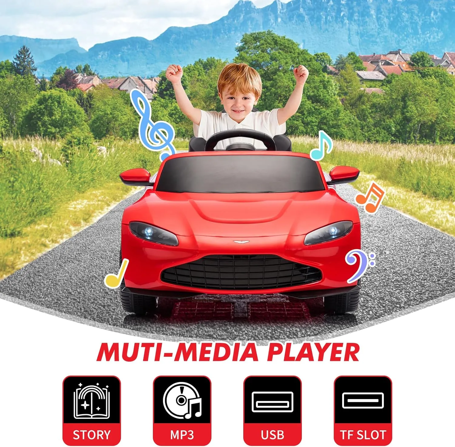 12V Kids Ride On Sports Car Licensed Aston Martin Electric Ride On Toy for Toddles Battery Powered Vehicle with Remote Control, Horn, Soft Start, LED Lights, Music, Red
