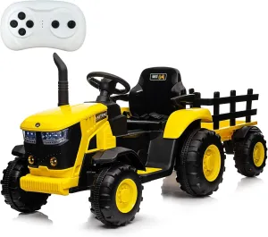 12V Kids Ride On Tractor Car, Battery Powered Tractor Car Toy with Detachable Trailer and Remote Control, Dual 35W Electric Vehicles with Safety Belt, Music, Toy Tractor for Boys Girls, Yellow