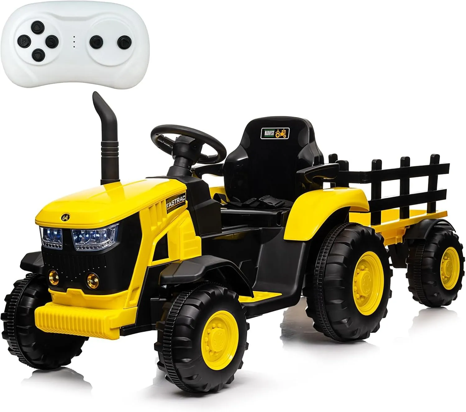 12V Kids Ride On Tractor Car, Battery Powered Tractor Car Toy with Detachable Trailer and Remote Control, Dual 35W Electric Vehicles with Safety Belt, Music, Toy Tractor for Boys Girls, Yellow