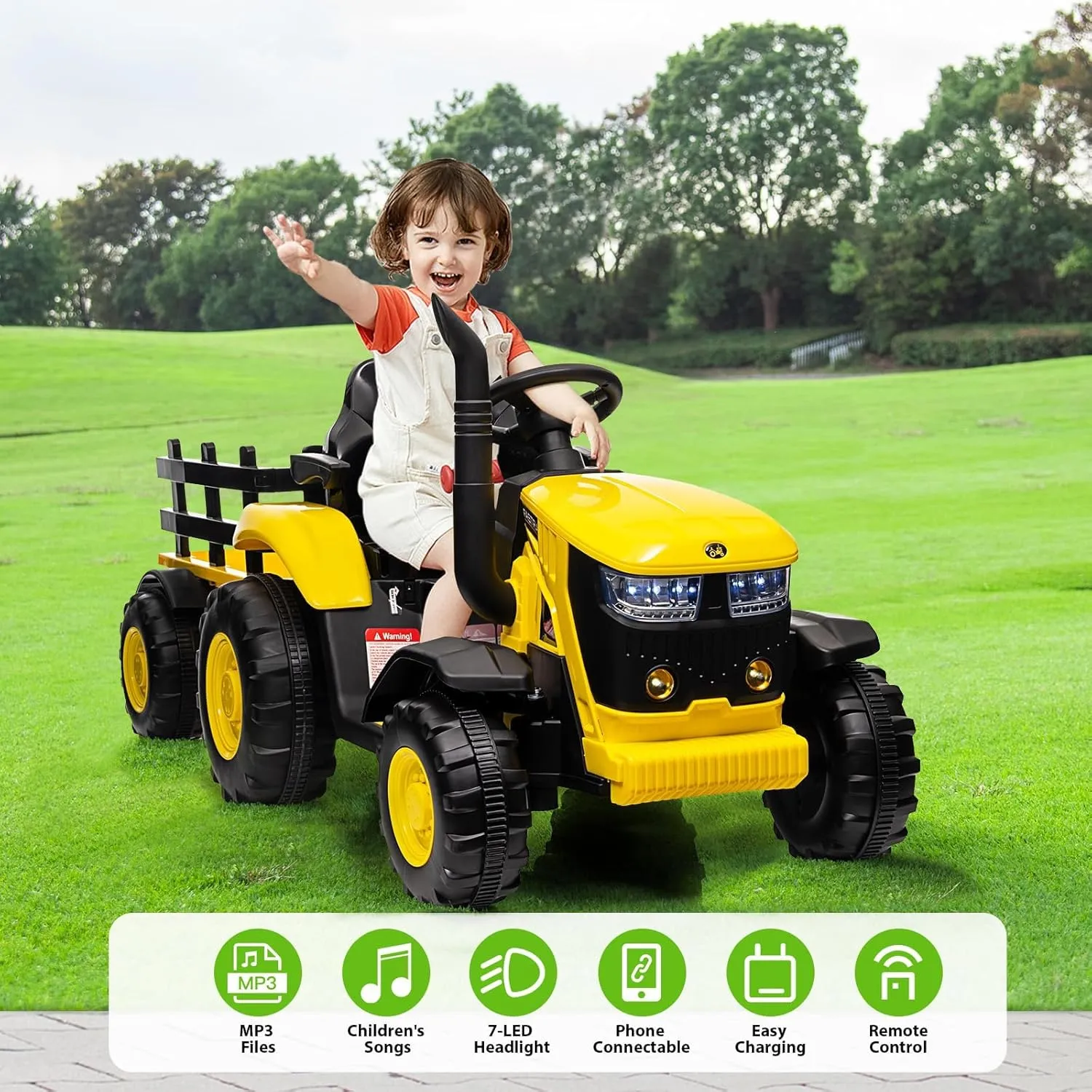 12V Kids Ride On Tractor Car, Battery Powered Tractor Car Toy with Detachable Trailer and Remote Control, Dual 35W Electric Vehicles with Safety Belt, Music, Toy Tractor for Boys Girls, Yellow