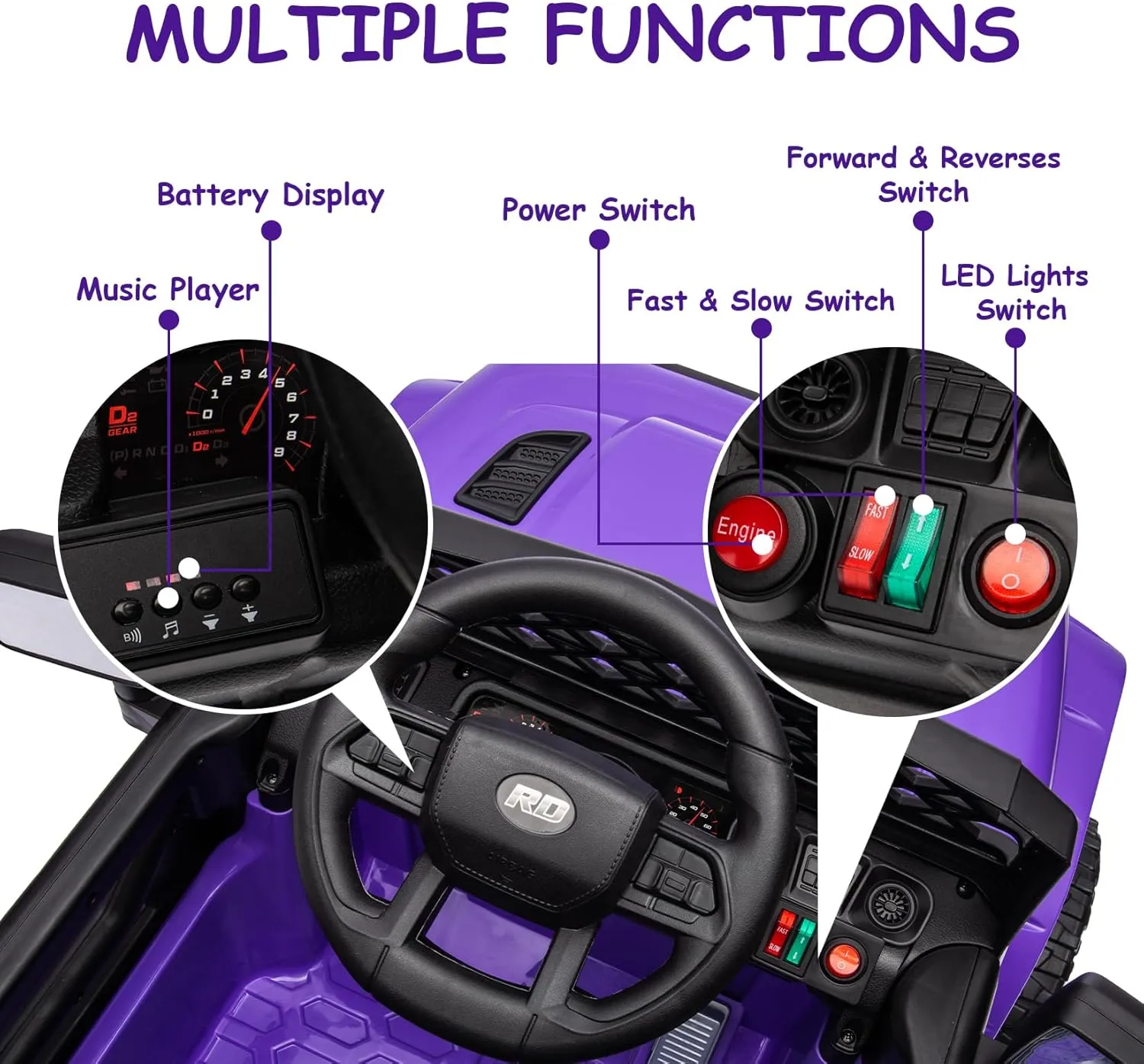 12V Kids Ride On Truck Electric Vehicle Battery Powered Car Toddles Ride On Toy for Boys Girls with Remote Control, 4-Wheel Suspension, Battery Display, LED Lights, Music, Purple
