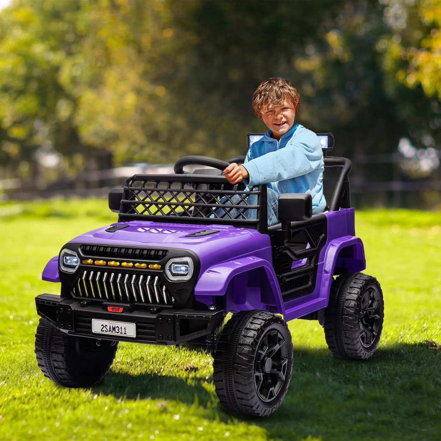 12V Kids Ride On Truck Electric Vehicle Battery Powered Car Toddles Ride On Toy for Boys Girls with Remote Control, 4-Wheel Suspension, Battery Display, LED Lights, Music, Purple