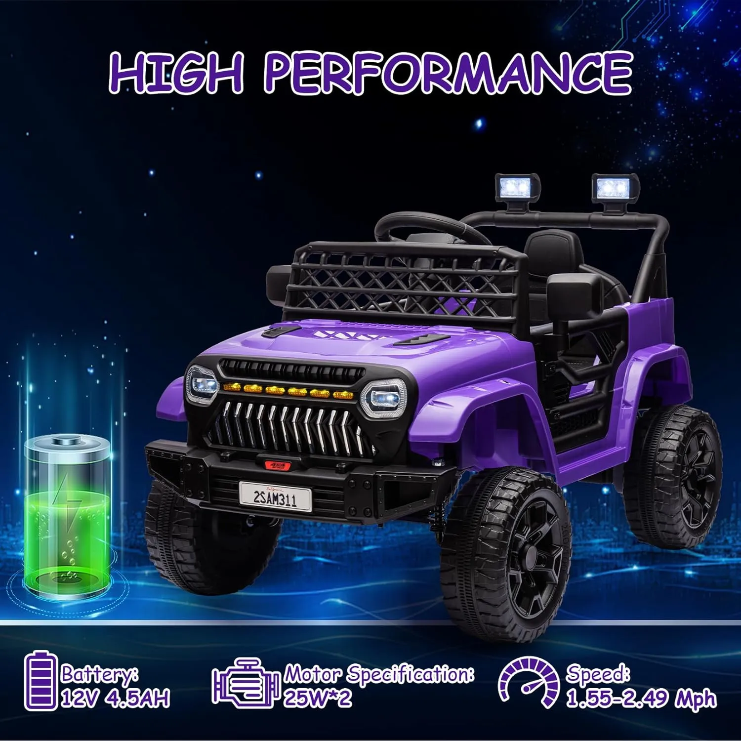 12V Kids Ride On Truck Electric Vehicle Battery Powered Car Toddles Ride On Toy for Boys Girls with Remote Control, 4-Wheel Suspension, Battery Display, LED Lights, Music, Purple